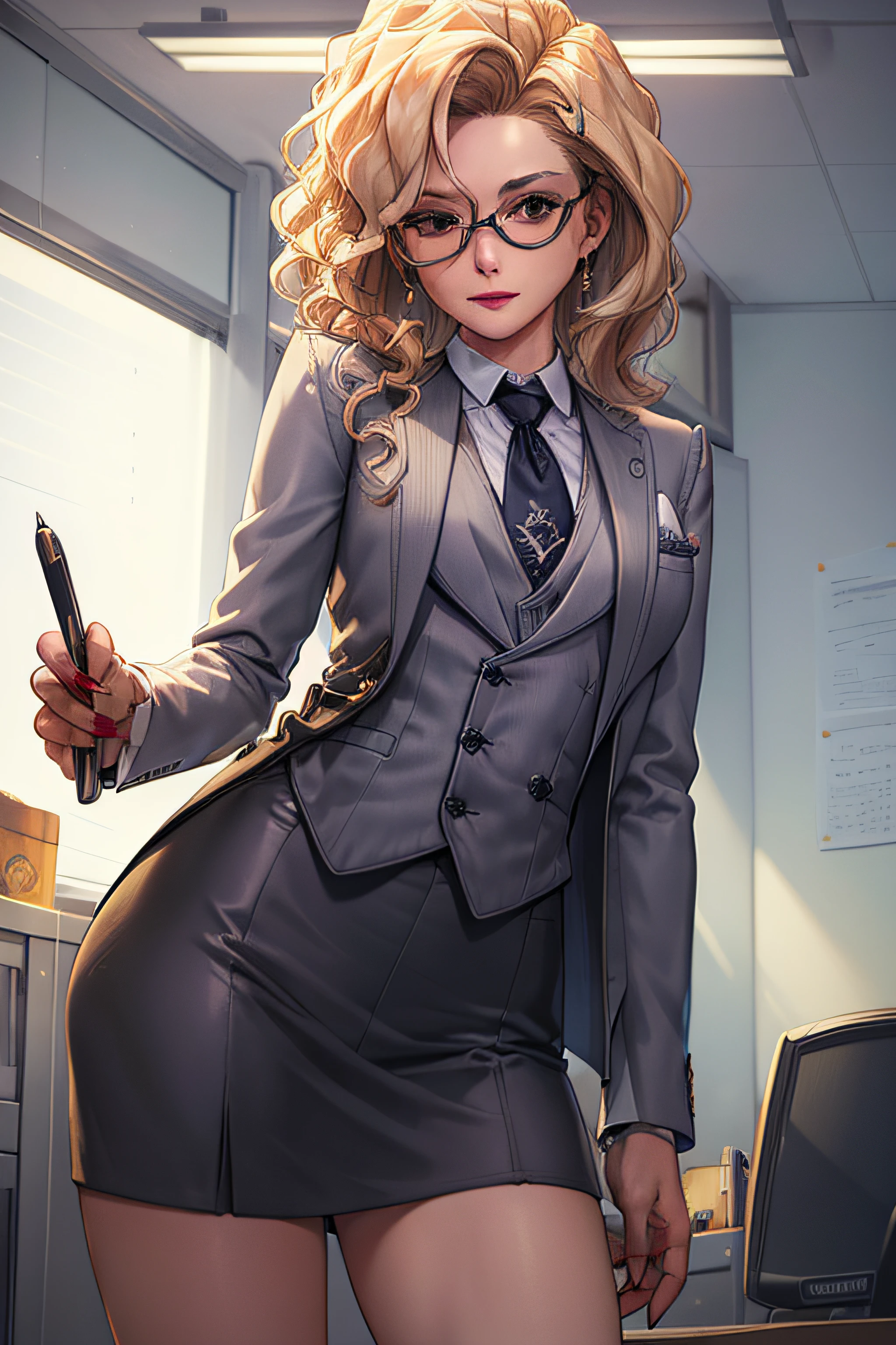 (Masterpiece, Best Quality, High Quality:1.4), professional artwork, well drawn, Intricate Details, field of view, sharp focus, detailed painting, masterpiece, cinematic lighting, trending on pixiv, vivid lighting, vibrant colors, by by Nagasawa Rosetsu,
MadamePresident, mature female, milf, standing, hands on waist, office background, afternoon, full body shot,
blonde hair, long hair, wavy hair, lipstick, makeup, ultra detail hair, ultra detail face, perfect eyes, perfect face, earring, brown eyes, Looking at Viewer, flirting, smiling,
grey skirt suit, (((three-piece suit))), necktie, blazer, (((suit jacket))), (((waistcoat))), double-breasted waistcoat, (((miniskirt))), (((pencil skirt))), stockings, skirt, tie clip, pocket square, pantyhose, high heels, glasses, cufflinks,
red nails, nail polish,