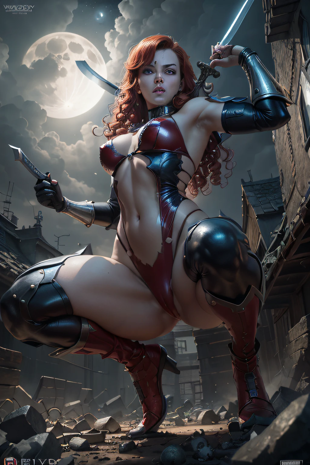 (​masterpiece、4K resolution、A hyper-realistic、ighly detailed)、(Warrior Superheroes theme、Red Sonja、There is a girl in a Red Sonja costume holding a sword above cloudy sky with skulls near ground、She's a superhero)、 [((25-years old)、(Long red curly hair:1.2)、full body Esbian、(brown eyess:1.2)、((Red Sonja Pose)、show of strength、Jump over skulls)、((Sandy cloudy environment):0.8)|(A mountainy scape、natta、Dinamic Light)、(fullmoon)]#illustrate:Prompts are mainly ultra high definition、very real、Describes highly detailed 4K paintings。A superheroine in a Red Sonja costume holding sword with cloudy sky with skulls near ground。The photo theme is a warrior superhero theme。(((posterior view))), Wide-angle lens shooting, Neon lights, (((Shooting from below))),