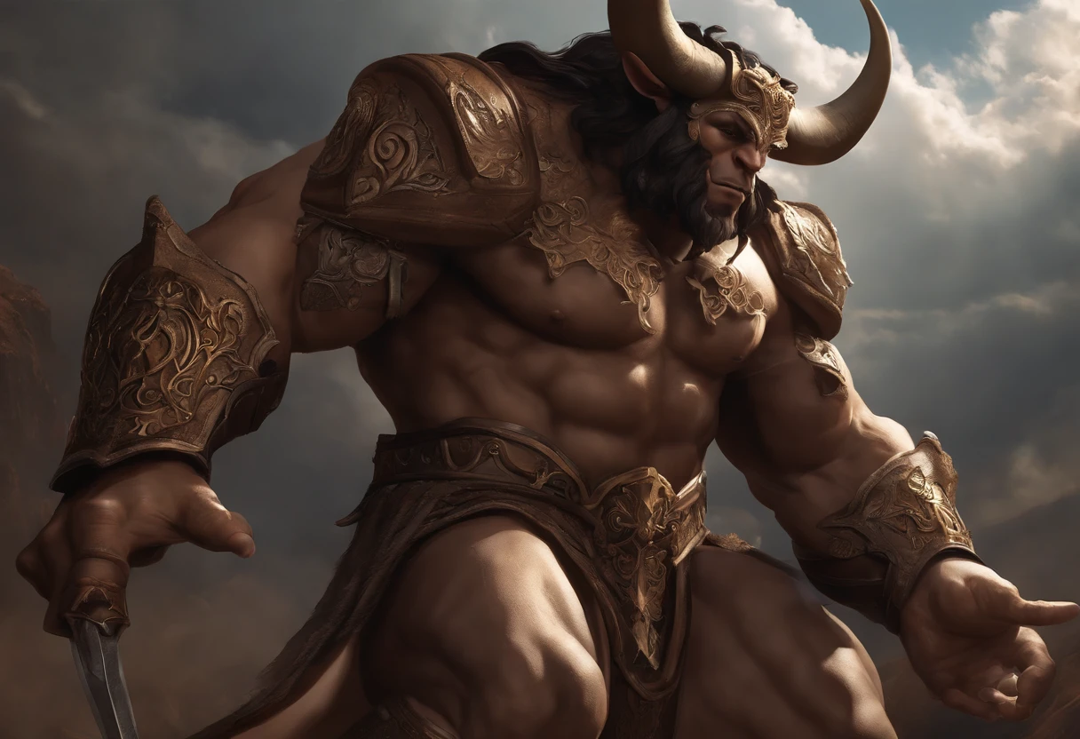 Anime-style Minotaur: A majestic Minotaur, with an imposing bull's head adorned with spiraling horns and deep, expressive eyes. athletic, no impressive armor with intricate details. The bull's skin is dark brown and covered with a fine, short coat. He is on his feet, ready for battle, a great sword in one hand and a determined expression on his face. The background is an epic backdrop with dramatic clouds and sunbeams streaking across the sky.