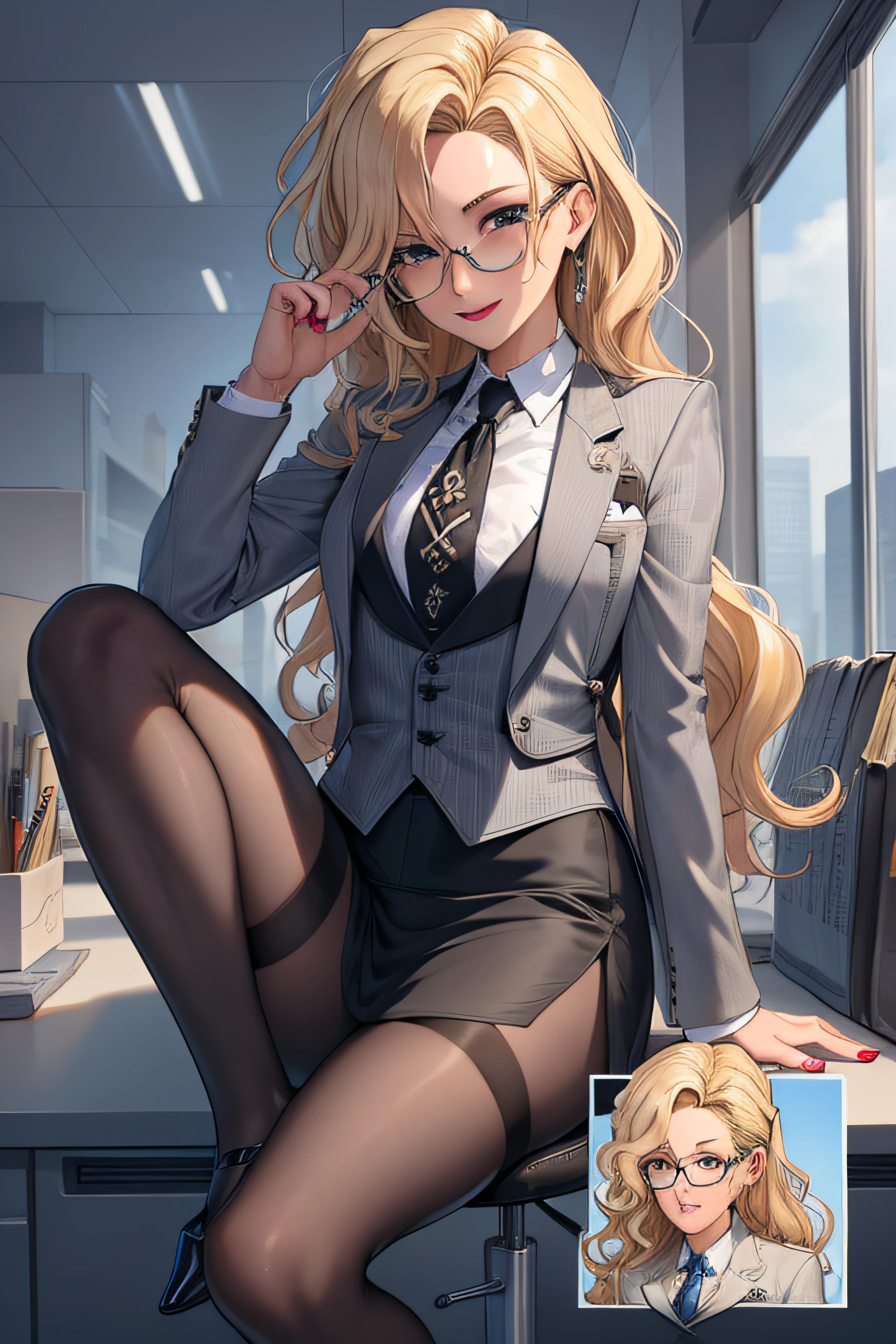 (Masterpiece, Best Quality, High Quality:1.4), professional artwork, well drawn, Intricate Details, field of view, sharp focus, detailed painting, masterpiece, cinematic lighting, trending on pixiv, vivid lighting, vibrant colors, by by Nagasawa Rosetsu,
MadamePresident, mature female, milf, standing, hands on waist, office background, afternoon, full body shot,
blonde hair, long hair, wavy hair, lipstick, makeup, ultra detail hair, ultra detail face, perfect eyes, perfect face, earring, brown eyes, Looking at Viewer, flirting, smiling,
grey skirt suit, (((three-piece suit))), necktie, blazer, (((suit jacket))), (((waistcoat))), double-breasted waistcoat, (((miniskirt))), (((pencil skirt))), stockings, skirt, tie clip, pocket square, pantyhose, high heels, glasses, cufflinks,
red nails, nail polish, hentai 69(sex position)