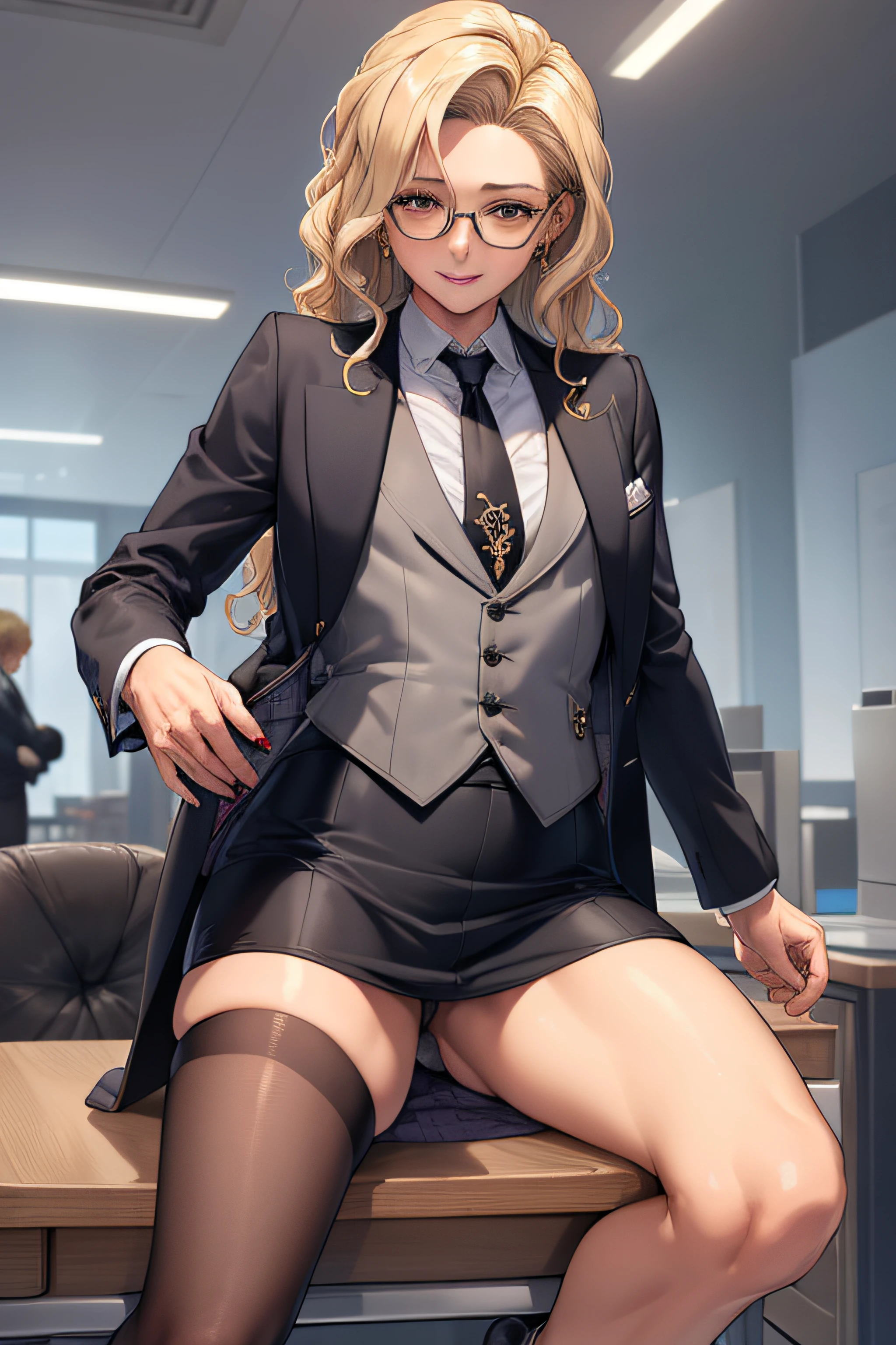 (Masterpiece, Best Quality, High Quality:1.4), professional artwork, well drawn, Intricate Details, field of view, sharp focus, detailed painting, masterpiece, cinematic lighting, trending on pixiv, vivid lighting, vibrant colors, by by Nagasawa Rosetsu,
MadamePresident, mature female, milf, standing, hands on waist, office background, afternoon, full body shot,
blonde hair, long hair, wavy hair, lipstick, makeup, ultra detail hair, ultra detail face, perfect eyes, perfect face, earring, brown eyes, Looking at Viewer, flirting, smiling,
grey skirt suit, (((three-piece suit))), necktie, blazer, (((suit jacket))), (((waistcoat))), double-breasted waistcoat, (((miniskirt))), (((pencil skirt))), stockings, skirt, tie clip, pocket square, pantyhose, high heels, glasses, cufflinks,
red nails, nail polish, hentai 69(sex position)
