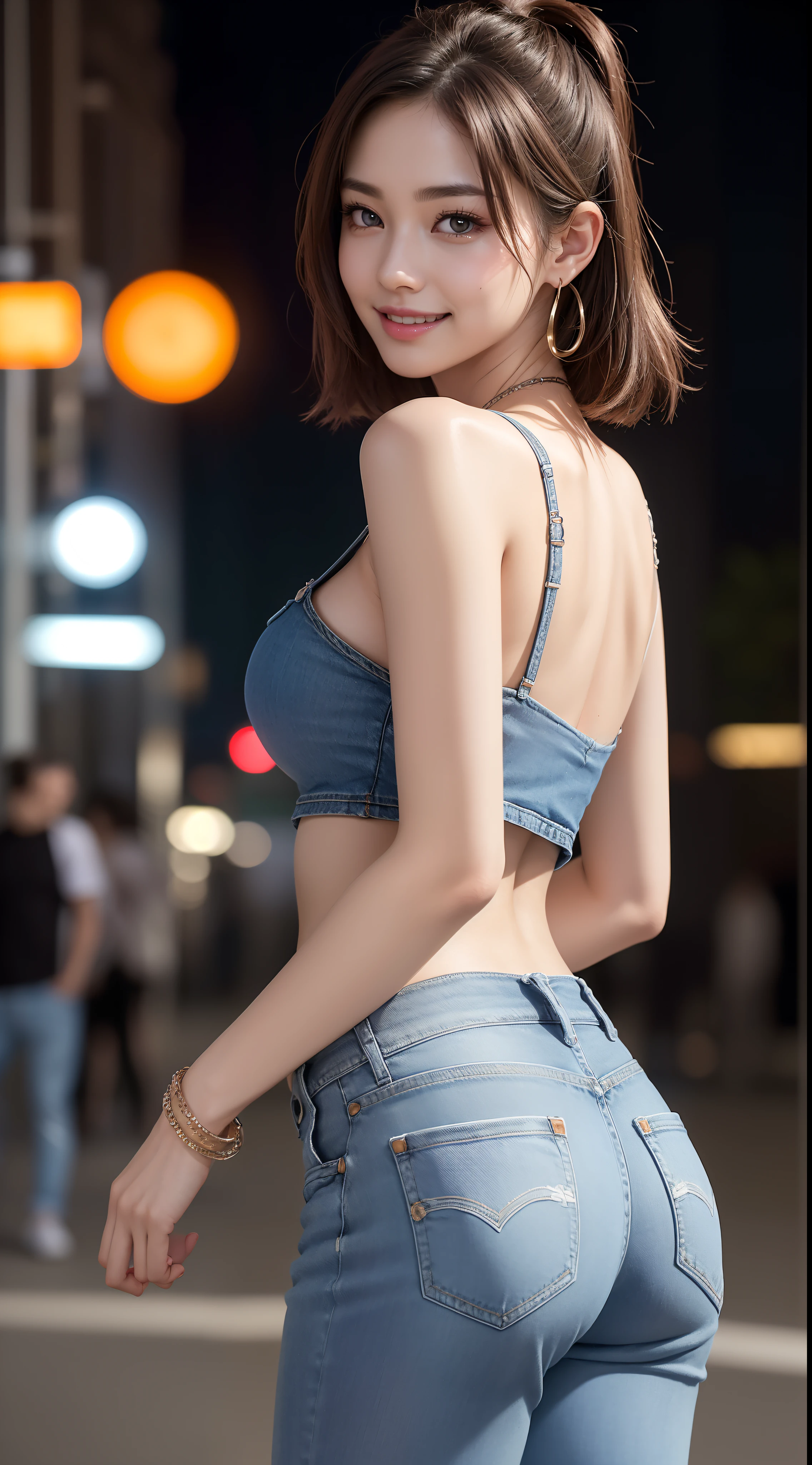 8K, masutepiece, Raw photo, Best Quality, Photorealistic, Highly detailed CG Unity 8k wallpaper, depth of fields, Cinematic Light, Lens Flare, Ray tracing, (Extremely beautiful face, Beautiful lips, Beautiful eyes), intricate detail face, ((Ultra detailed skin)) 1girl in, In the Dark, deepshadow, Pretty Korean girl, Kpop Idol, 1 girl, (Very slim and slender fit muscular body:1.3), ((Looking at Viewer)),(Big smile:1.3), (Fashion City Night, a dark night, (Neon sign), (Blurred background), Fashion Street Night),(No people in the background:1.3), Beautiful earrings, Bracelets, Necklace, pantyhose, Clear eyes, Walking, (pale skin), (Big eyes), Face forward, (Brown hairs), (Full body shot), (()), (()), , (Looking at Viewer:1.3) opened breast, Very slim, medium breasts, backtrack, (Back shot), ass forcus, Before the eyebrows,(((denim short pants))), thick thighs