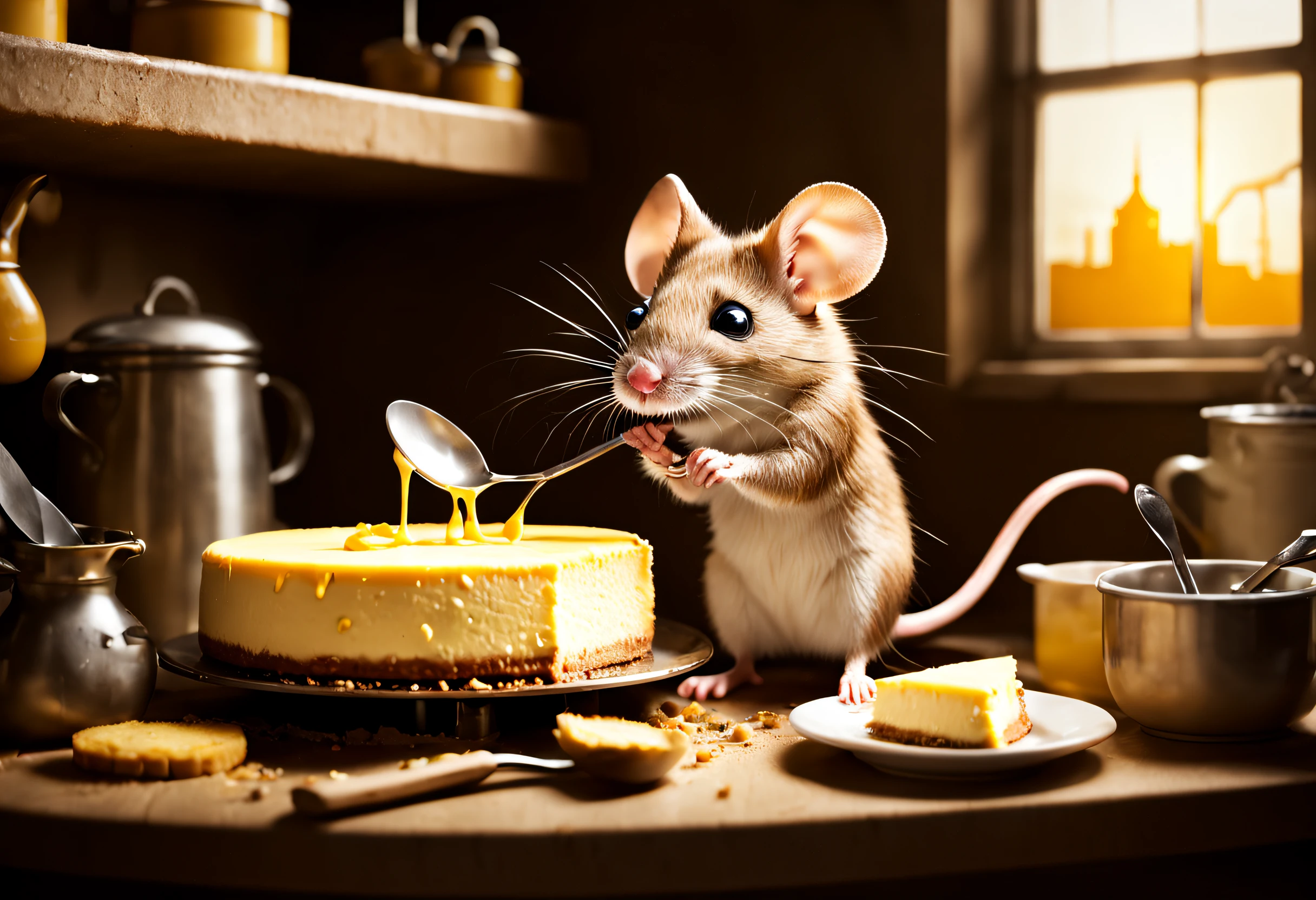 A mouse eating a delicious cheesecake in its small kitchen, with used kitchen utensils piled up. Backlit construction scene.