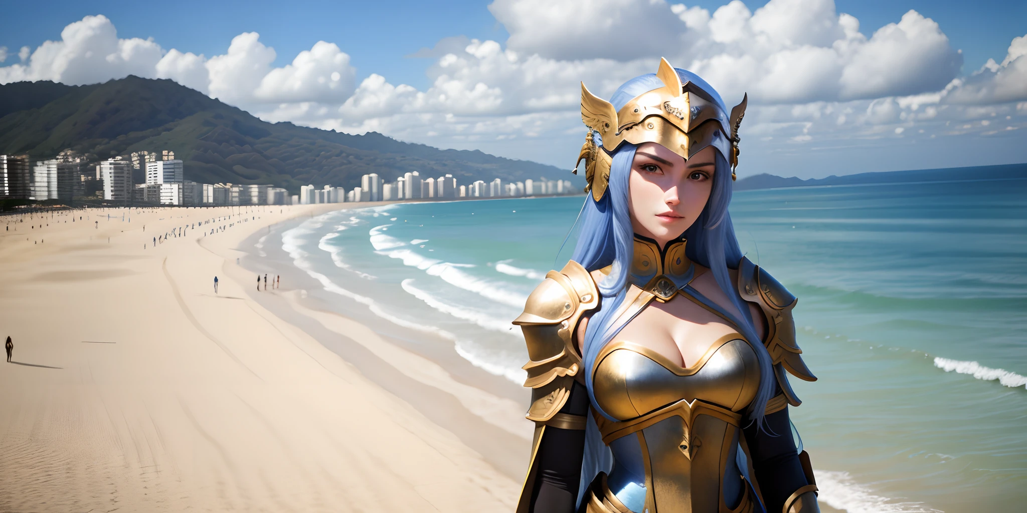 Imagine the Athena of Knights of the Zodiac on Copacabana beach