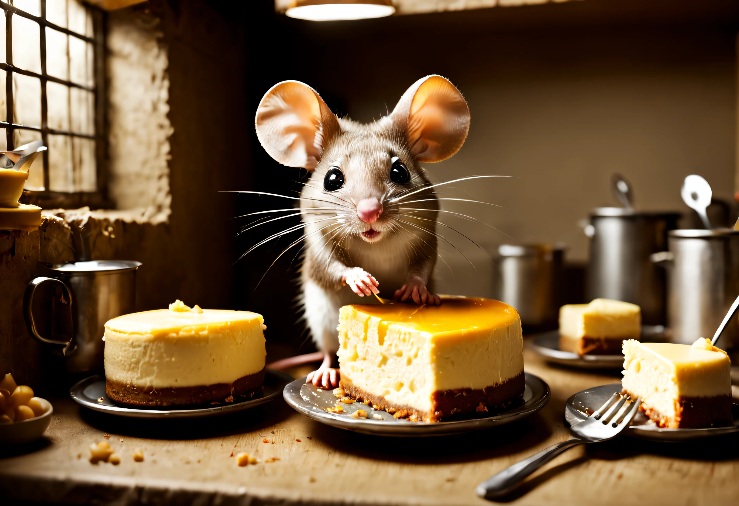 A mouse eating a delicious cheesecake in its small kitchen, with used kitchen utensils piled up. Backlit construction scene.