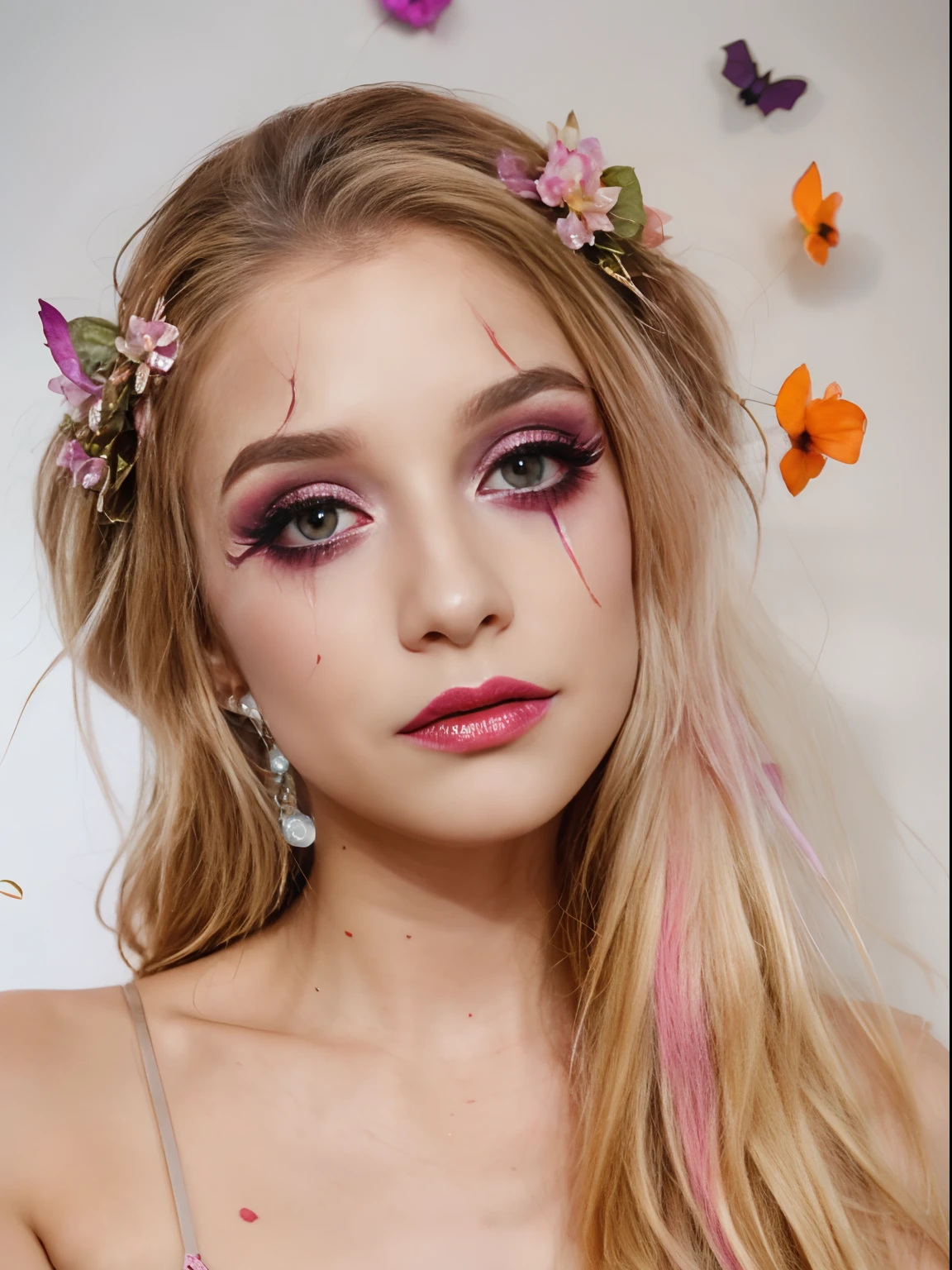 (photo: 1.3) af (realistic: 1.3),Halloween Makeup,a girl in colorful makeup and elf ears, holding dry flowers, in the style of babycore, subtle use of shading, hannah yata, light brown and pink, dom qwek, goblincore, edgy