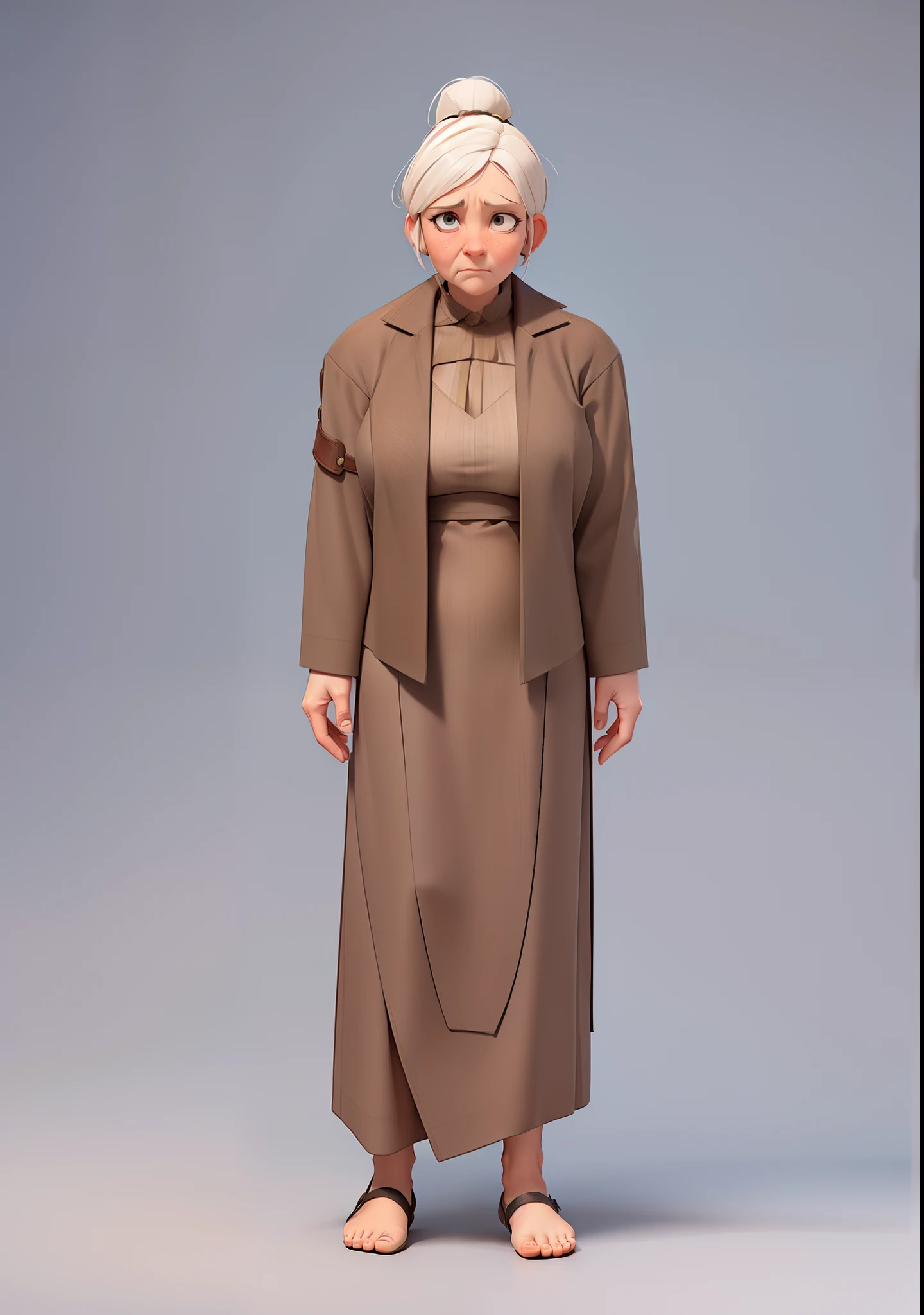 An old woman wearing brown blouse clothes and a brown long-sleeved vest, clothes only up to the chest not up to the neck, white hair and tied up, wrinkled face with a sad expression, flat-chested, not wearing a suit, not wearing a tie, not wearing footwear, thin, rendered in 3d style, octane render, 3d cartoon, with ancient style, slave style of clothing, medieval style of clothing, white background,