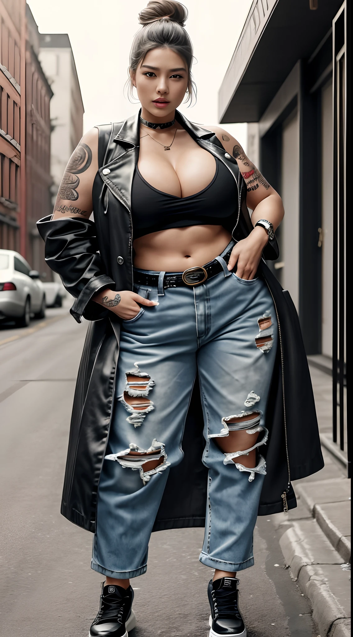 An arrogant person, extremely hyper, Busty and sexy people,badass, And the arrogant female Chav rapper,With the edge of a tomboy. Overwhelming presence. extremely hyper, Tall and strong,extremely hyper,extremely hyper,The huge muscular arms are covered with tattoos,Broad muscular shoulders,High uplift,Oversized long breasts,super gigantic breasts,Long cleavage,Pronounced abdominal tuning,Wide crotch,Exaggerated huge fat buttocks,Extremely long legs,Strong and powerful big thick legs,Stand confidently with your head held high, She is strong, The perfectly tailored punk-inspired hairstyle reflects her bold personality. She wears loose clothing, Scream West Side gang hip-hop swagger edgy streetwear. Punk-style shoes,Her tattoo is a canvas for her rebellious spirit, Tell street stories. Loose and loose pants ride low, Exposes hints of her street attitude. Her pants hung low,The belt hangs low,Steel wire that exposes panties,Showcasing the perfect vest collection,Ultra-low waistband,Wear a cool pair of punk-style shoes,At the same time DJ DJ,Full body shot from head to toe。