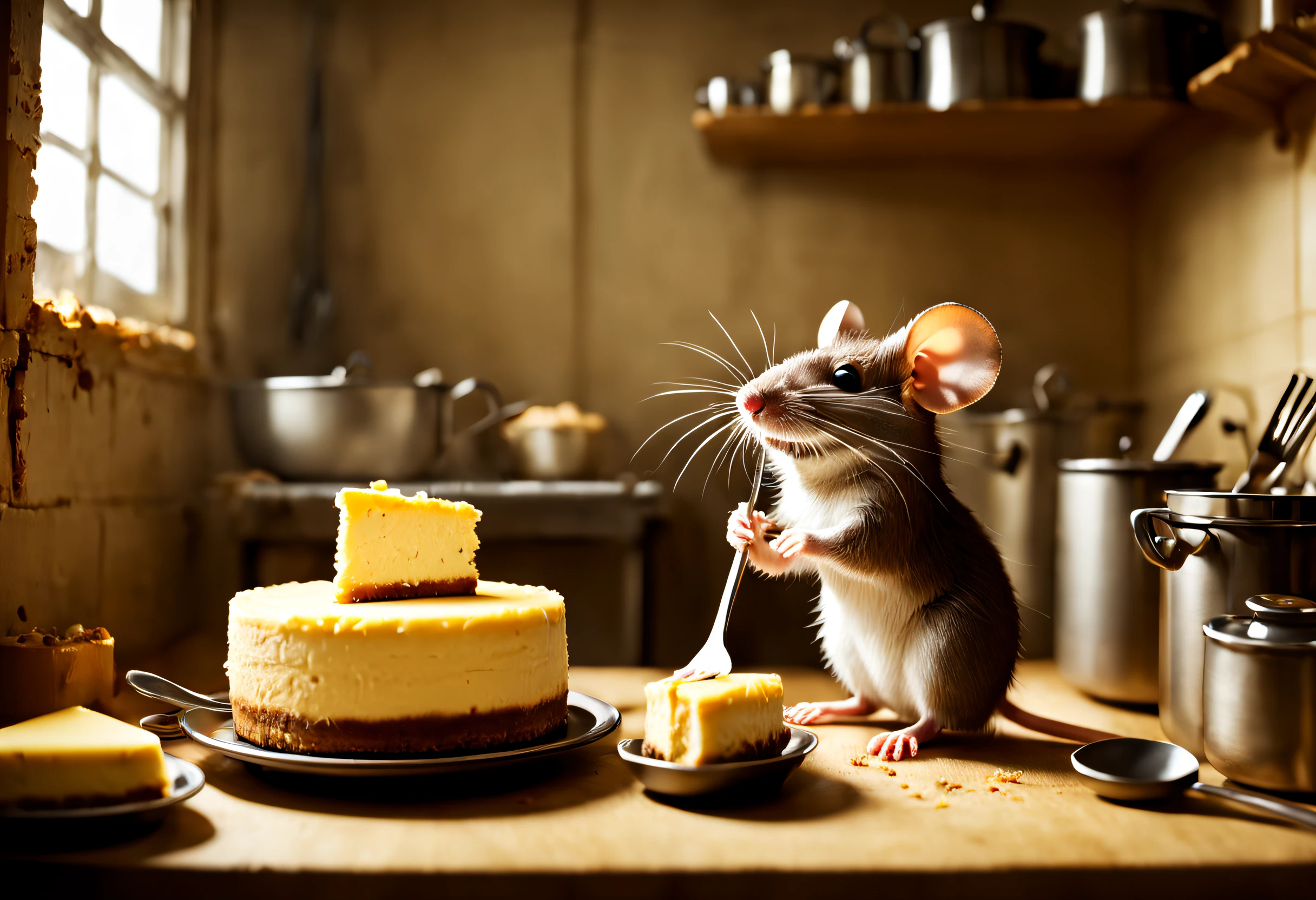 A mouse eating a delicious cheesecake in its small kitchen, with used kitchen utensils piled up. Backlit construction scene.