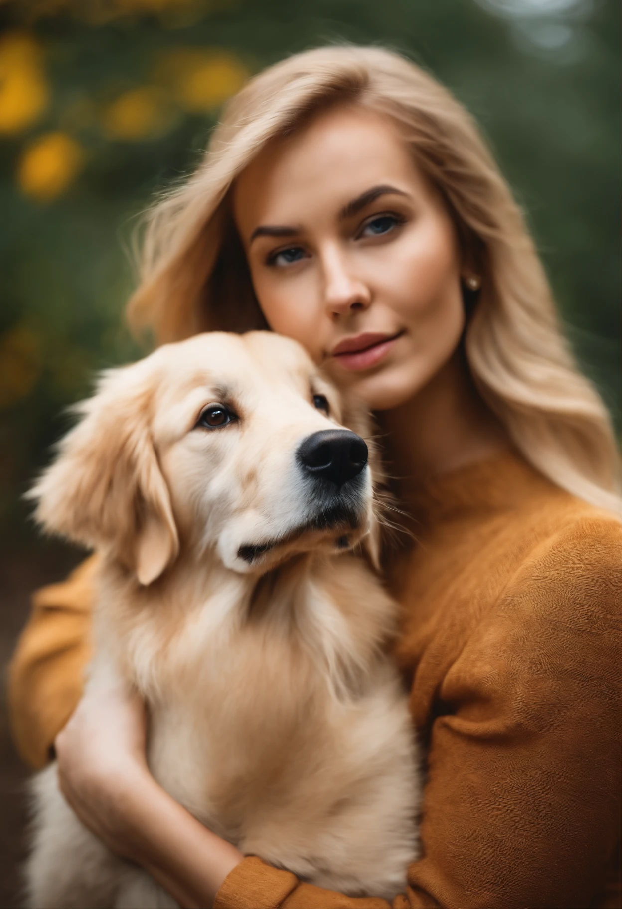 femme Blonde aux cheveux lisse et soyeux, tenant un chiot golden retriever