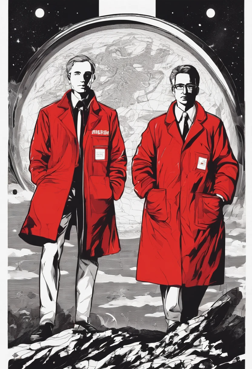 Scientists in science coats turn their backs to us，looking at the stars，hard core，Technologie，Red monochrome,USSR Poster,urss,Communism