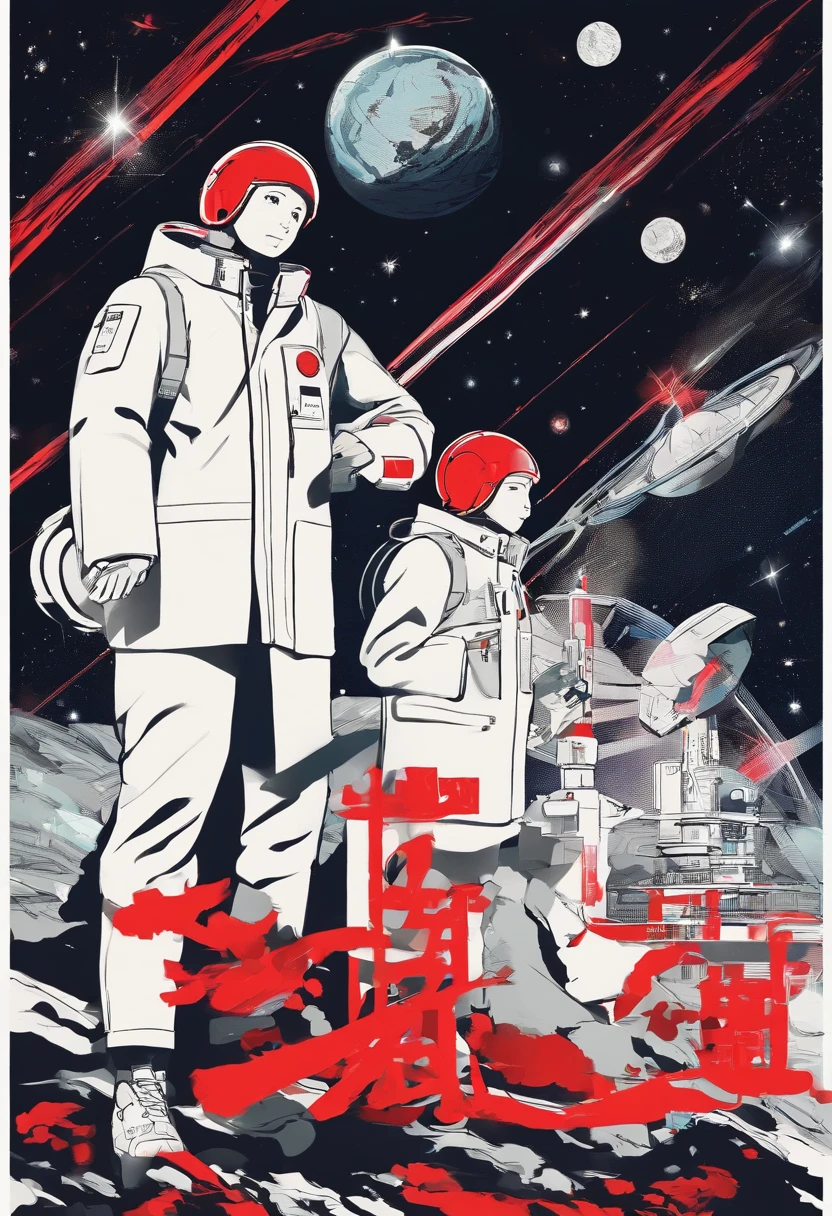 Scientists in science coats turn their backs to us,looking at the stars,hard core,Technologie,Red monochrome,USSR Poster,urss,Communism