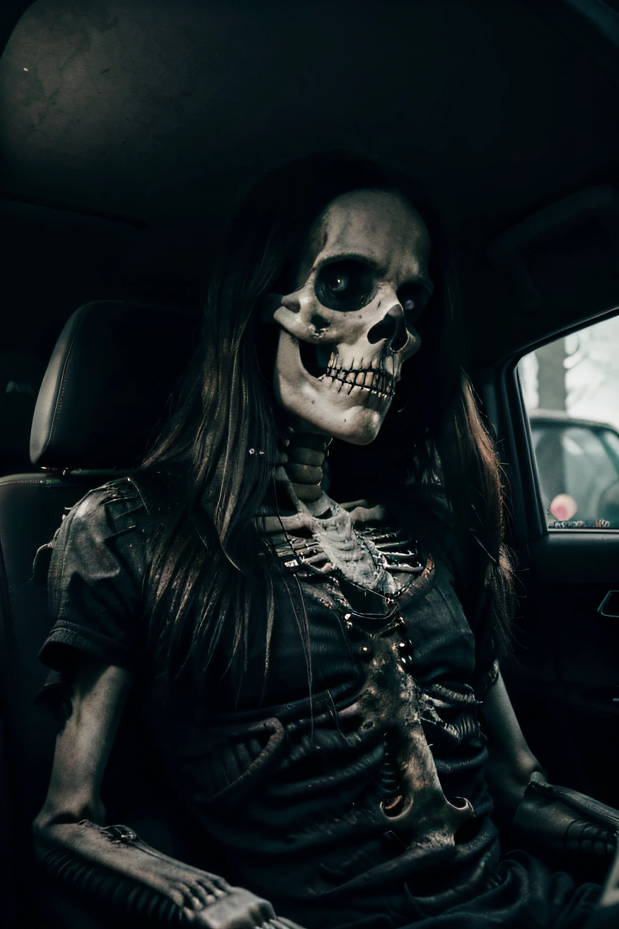 Close-up of a skeleton sitting in a car holding a book, the creature sits in a car, Scary wallpaper aesthetics, dark and horror style, dark art style, dark but detailed digital art, Wallpaper phone, portrait of the god of death, portrait of the god of death, dark aesthetic, eerie and grim art style, highly detailed dark art, Ominous Gothic aesthetic