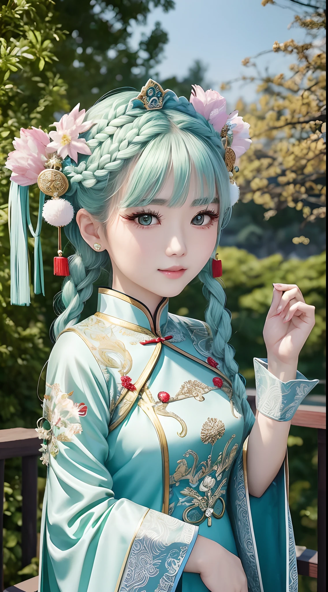 Chinese 30-year-old woman is very cute。Has green eyes、Wearing flashy national costumes、Silver-haired braid、Wearing a lot of ornaments、Royal Girl、