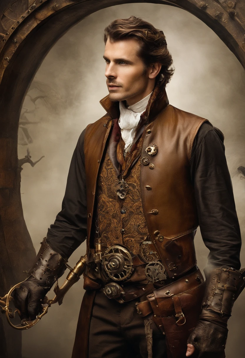 Je souhaite un vampire avec des oreilles un peu pointues. He has a fierce expression on his face. Il lui fait des yeux jaunes, et des cheveaux longs, Black & Braided. He must wear a medieval mercenary outfit and an axe in his hand. He must be standing in a dark and ominous wood.