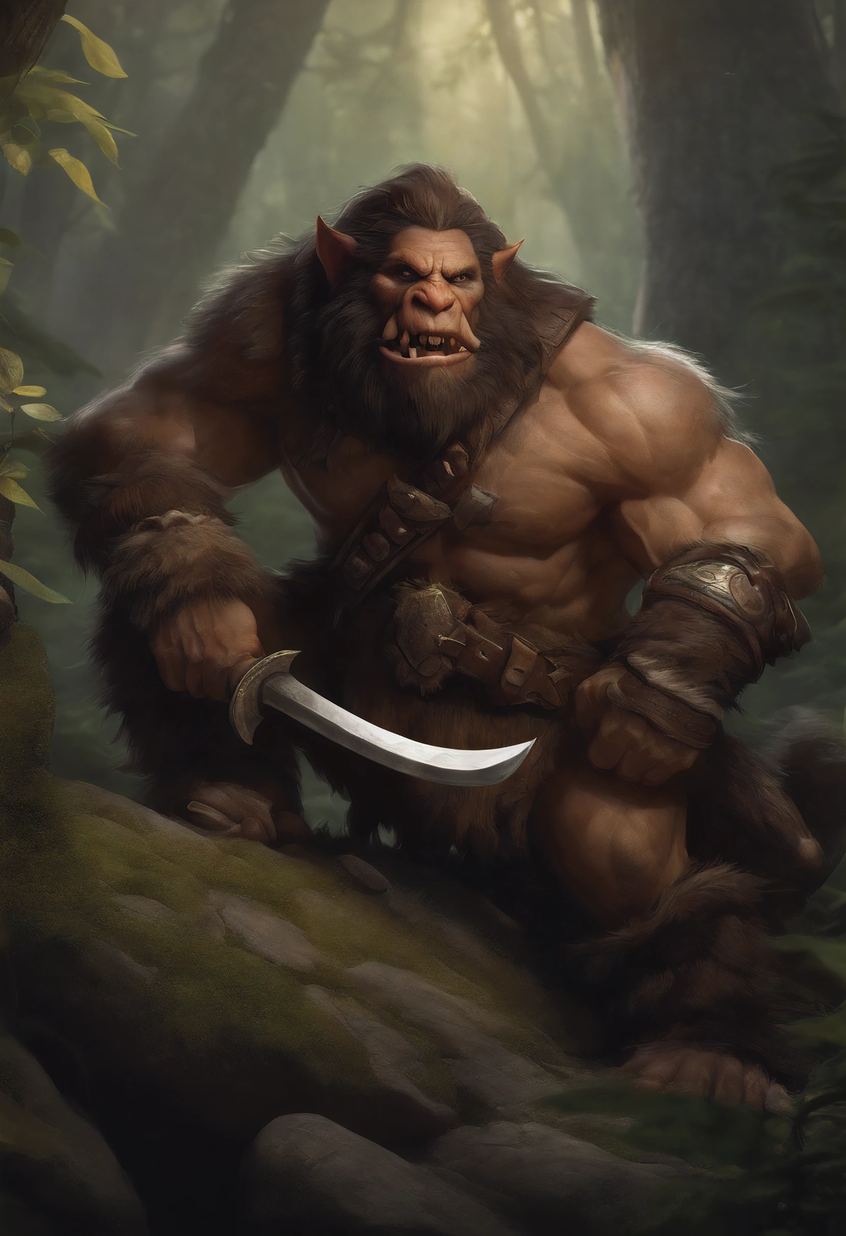 there is a painting of a troll, bugbear, bugbear ranger, undead, mushrooms, epic full color illustration, grog strongjaw, fur-clad barbarian goliath, a druid, gnoll, fantasy art, troll, humblewood art style, high fantasy illustration, druid warrior, amazingly detailed d & d art