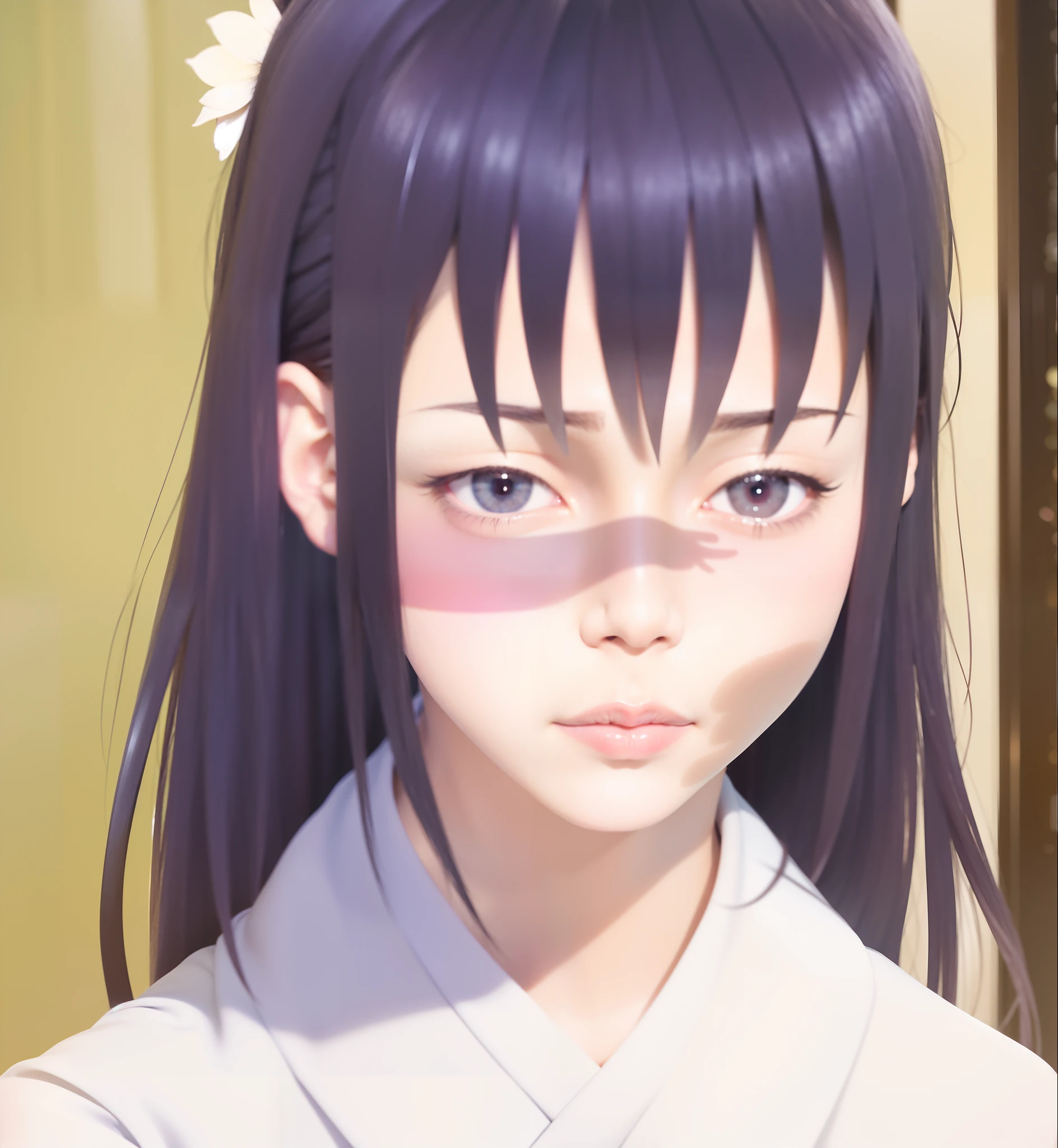a close up of a girl with long hair and a white shirt, scars on her face, hinata hyuga, misato katsuragi, close up of iwakura lain, yuyushiki, close up iwakura lain, inspired by Kusumi Morikage, hinata hyuga from naruto, hoshino yukinobu, iwakura lain, High quality image, masterpiece, detailed hair texture, detailed skin texture, detailed cloth texture, 8k, add fabric details, ultra detailed skin texture, ultra detailed photo, skin pores, cloth details, high skin details, realistic hair details, detailed skin acne, pimples, skin wrinkles