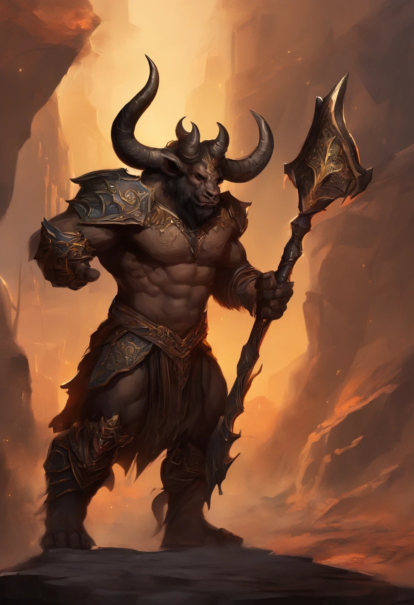 Minotaur in anime style: Majestic Minotaur, The majestic bull's head is decorated with spiral horns and deep ones, Expressive eyes. sport, No impressive armor and intricate details. The skin of bulls is dark brown，It is covered with thin ones, Short coat. He is standing up, preparing to fight, Holding a large sword in one hand，A determined expression appeared on his face. The background is an epic backdrop，Dramatic clouds and sunlight across the sky.