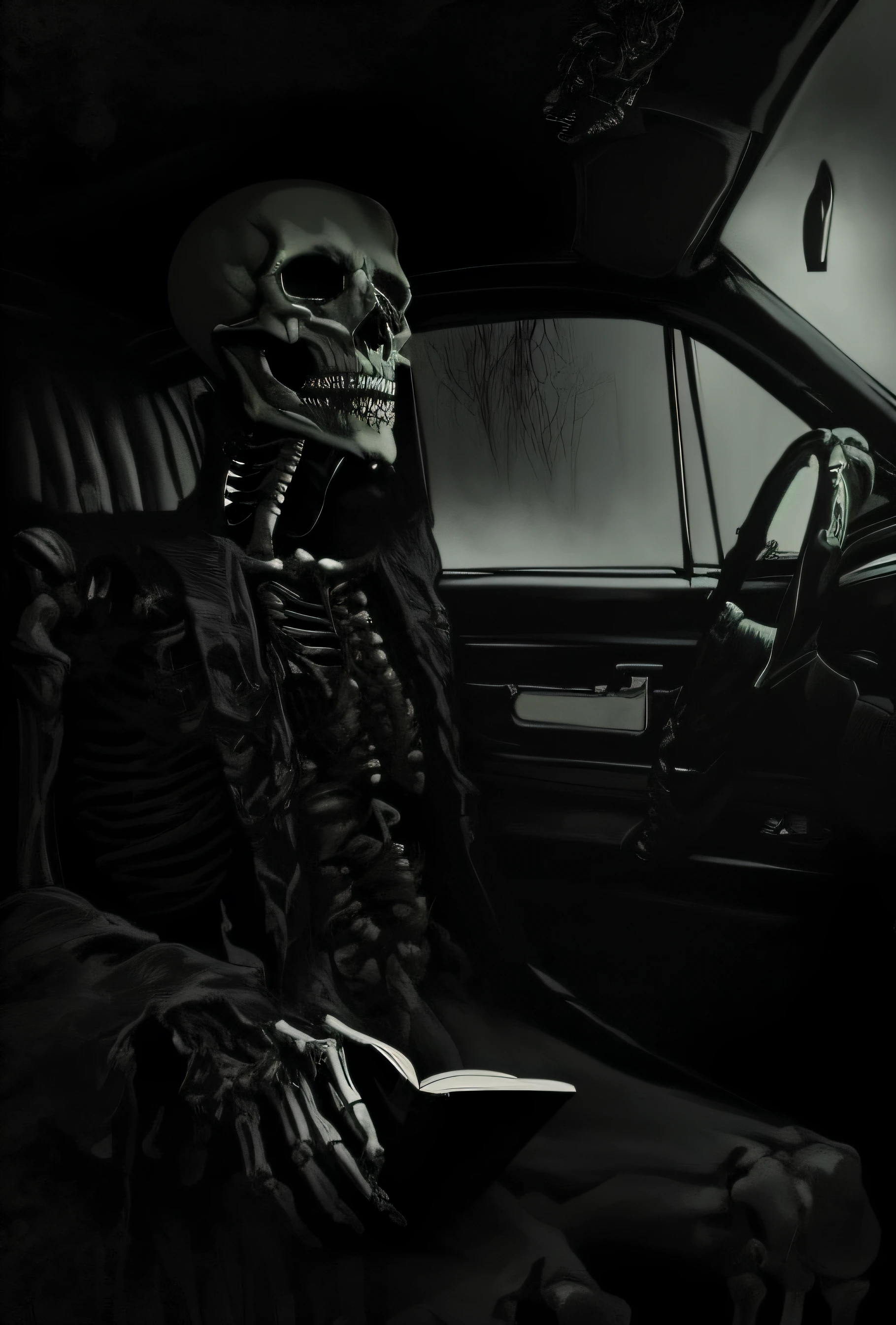 Close-up of a skeleton sitting in a car holding a book, the creature sits in a car, Scary wallpaper aesthetics, dark and horror style, dark art style, dark but detailed digital art, Wallpaper phone, portrait of the god of death, portrait of the god of death, dark aesthetic, eerie and grim art style, highly detailed dark art, Ominous Gothic aesthetic