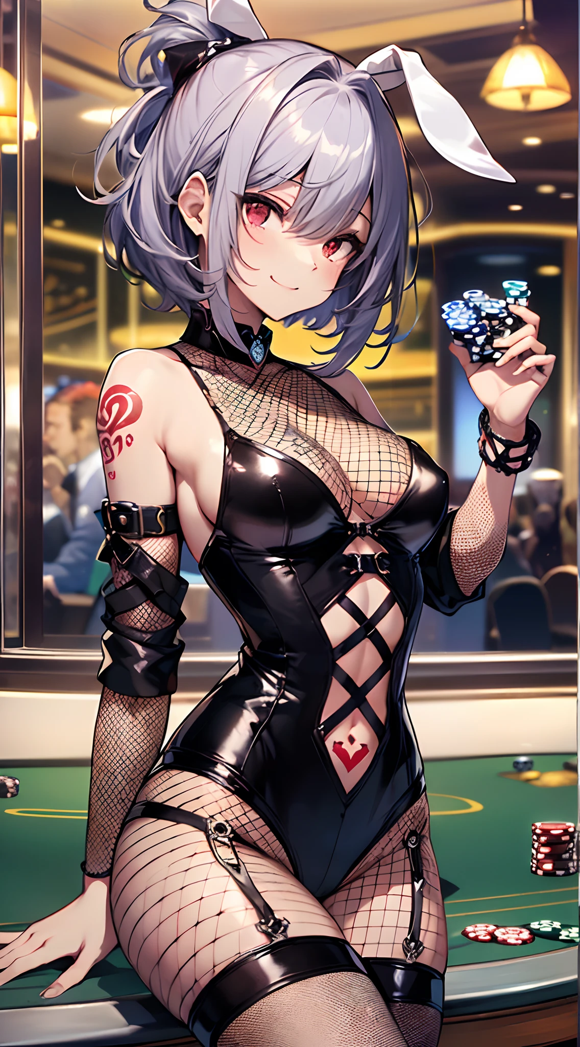 top-quality、Top image quality、in 8K,4K,​masterpiece、(NSFW:1.1)、ultra-detailliert、Beautiful、ultra-quality、adult-like、Cool、girl with(((18year old、Sexy Bunny Girl:1.5、fishnet tights:1.4、Bust 78、silber hair、a short bob、Red Eyes、erotick:1.4、Happiness、The tattoo)))、hiquality、full body Esbian、visualart、Background with((Casino:1.3))、masutepiece