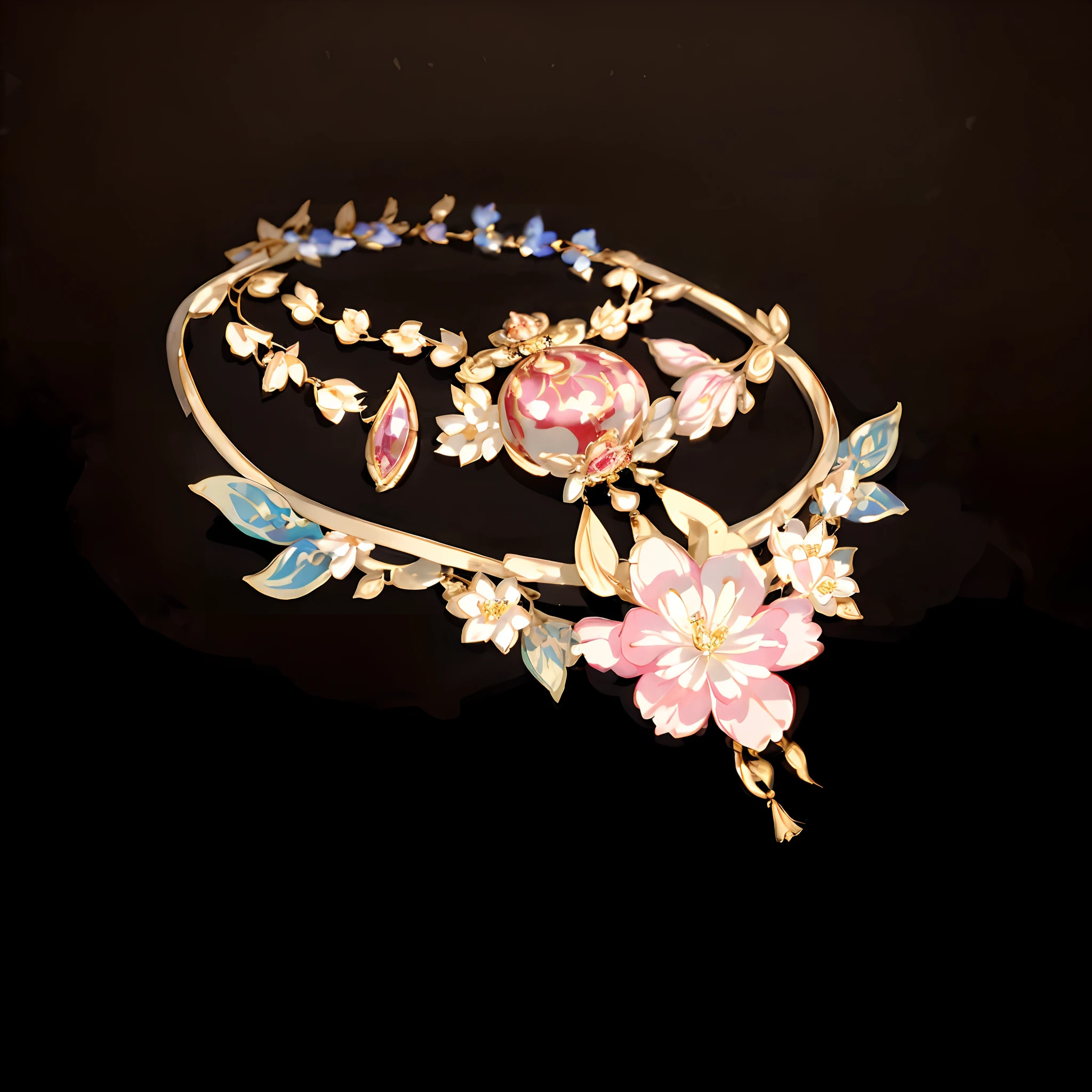 ultraclear,Superb details,Ultimate detail,Exquisite jewelry,Close up of gemstones and flowers, Delicate and ornate enthronement decorative necklace, Gorgeous décor, Gorgeous necklace, Ultra realistic fantasy necklace, Gorgeous necklace Delicate gold necklace, ancient chinese ornate, The necklace is of high quality, Qing dynasty, Gorgeous metal gold necklace,Pair it with a beautifully decorated necklace