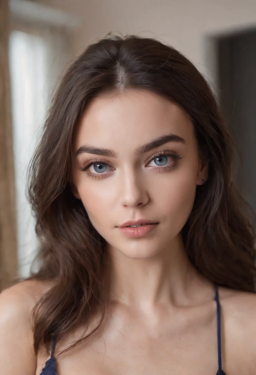 Arafed woman with matching tank top and panties, fille sexy aux yeux bleus, Portrait Sophie Mudd, cheveux bruns et grands yeux, selfie of a young woman, Yeux de chambre, Violet Myers, sans maquillage, maquillage naturel, looking straight at camera, Visage avec Artgram, Maquillage subtil, Superbe photo du corps entier, clivage, Dans son lit