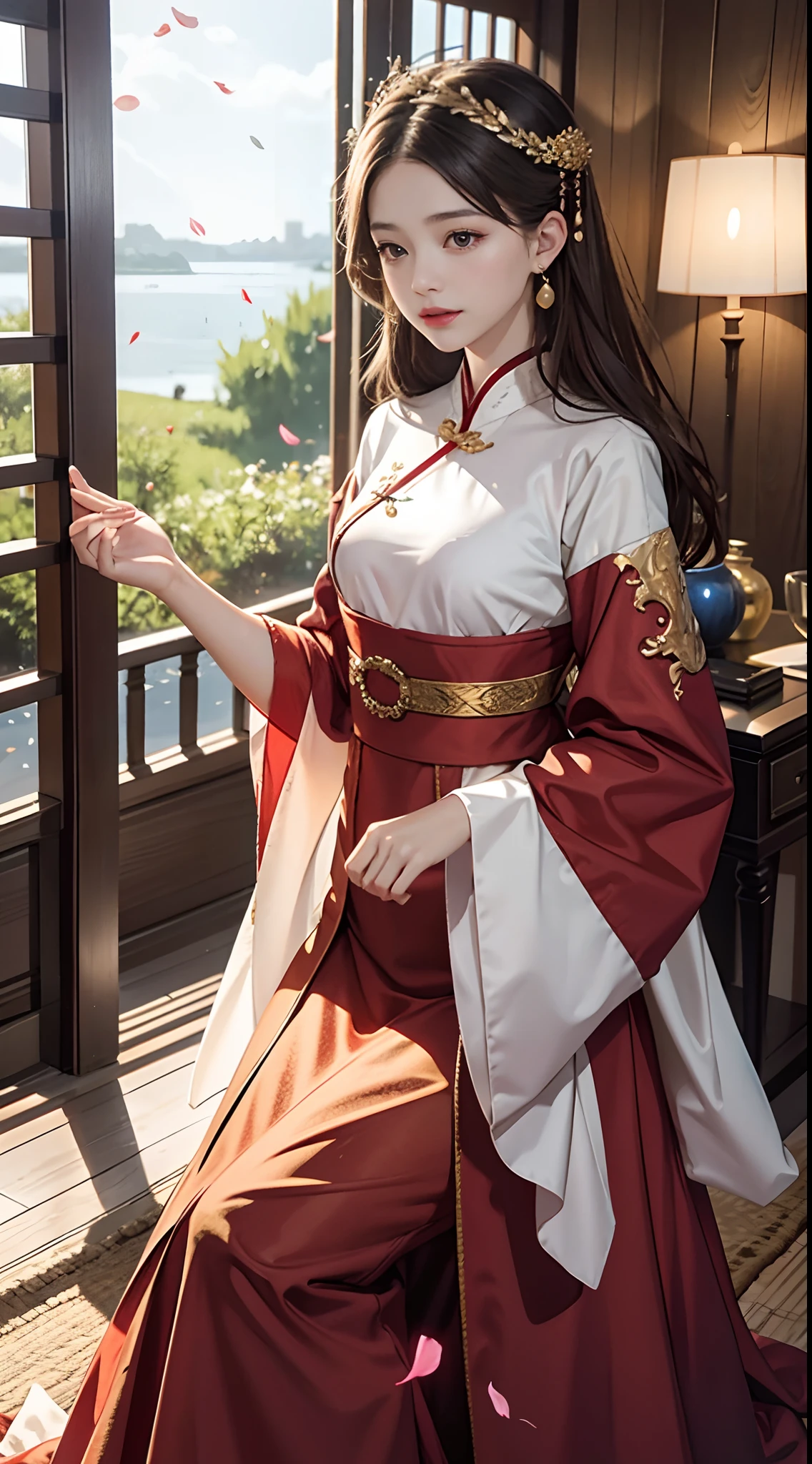 high detal,Need,tmasterpiece,A high resolution,(Delicate figure:1.5),Absolutely beautiful,(Milky skin:1.3),exquisitedetails,A high resolution,Wallpapers,1female,独奏,shift dresses,hair adornments,(((Golden and red dress)) ), florals, long whitr hair, A brown-haired, Keep one's mouth shut, trinkets, longer sleeves, Raise Hand, Wide sleeves, Big eyes, Fluttering, Hanfu, Hanfu, embroidery, long skirt, natural poses, falling flower petals, inside in room, Fanning,lanterns,16K,HDR,A high resolution,depth of fields,(filmgrain:1.1),Bocoon,prime time,(lens flare glow),Vignette,rainbowing,(Color:1.5)