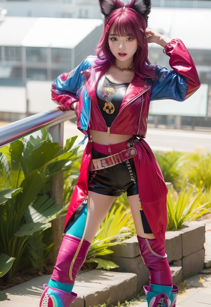 infp young woman、Good Style、Colorful hair、colorful fashion、Idol face、large full breasts、Animal Jacket、Shiny Red Tops、Colorful shorts、Colorful tights、long boots