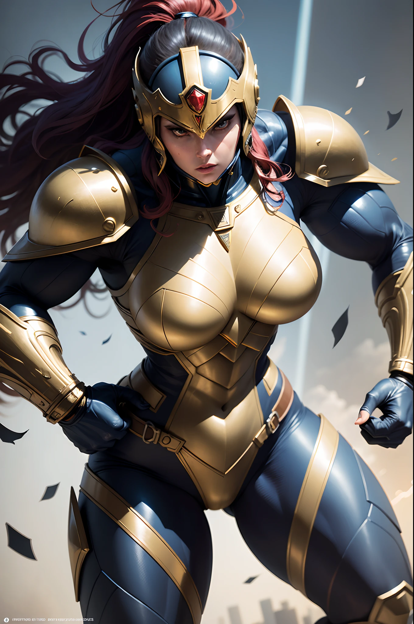 "Big Barda, powerful warrior (best quality, highres), highly detailed (physically-based rendering), with armored suit, muscular physique, imposing stature, shiny metallic textures, intricate helmet design, glowing eyes, holding a futuristic weapon (ultra-fine painting), in a dynamic action pose (sharp focus), against a backdrop of apocalyptic cityscape (vivid colors), with dramatic lighting (studio lighting), in a comic book art style (concept artists), featuring bold and vibrant colors (color palette)"