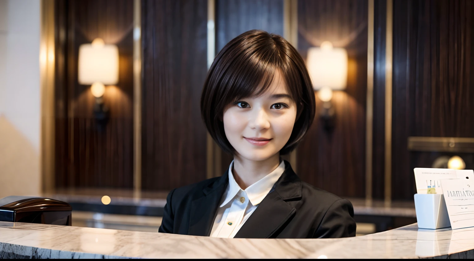 49
(An 18-year-old woman), (A hyper-realistic), (Masterpiece), Short Bob Cut, Concierge at the hotel reception, kindly smile