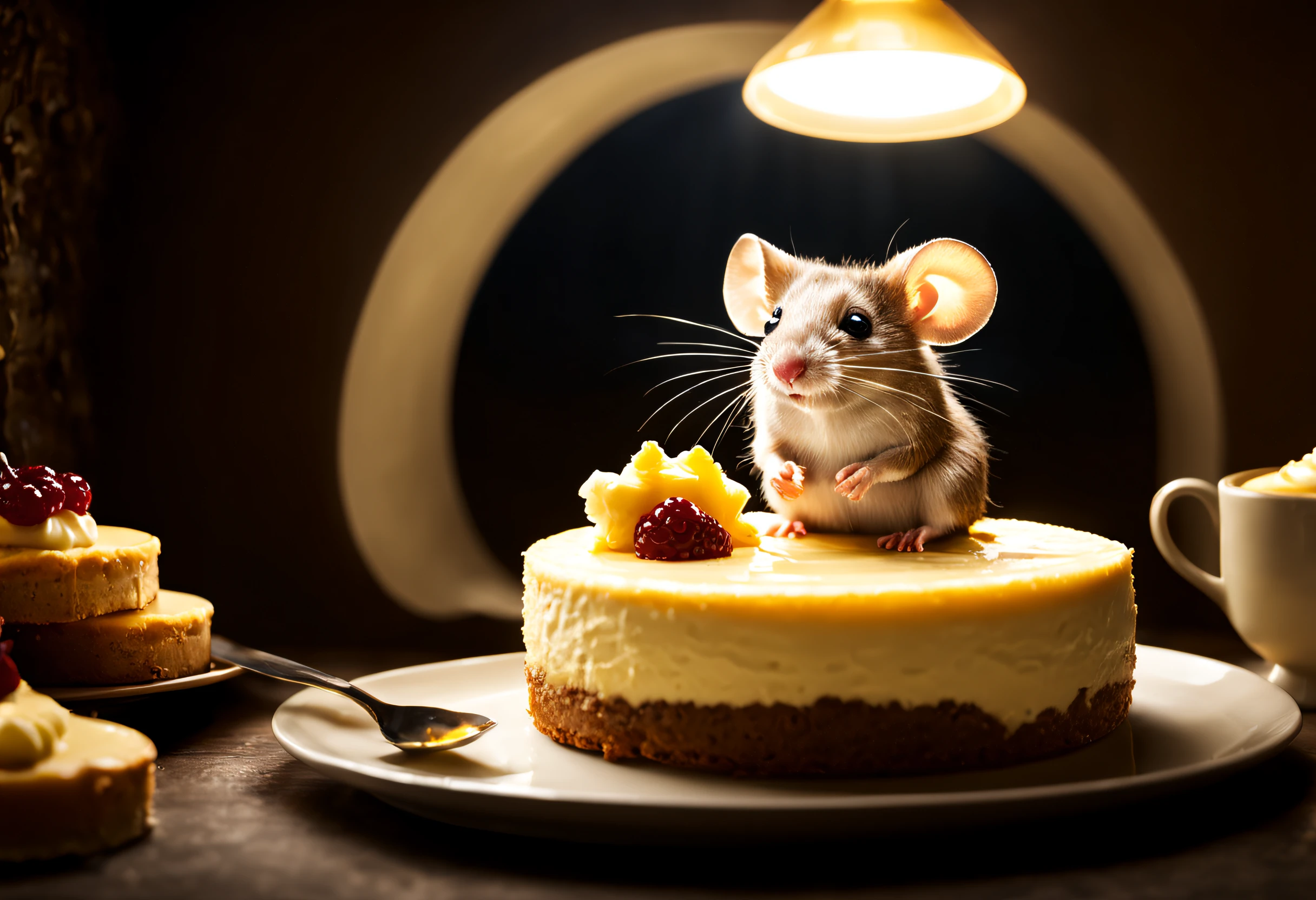 A funny mouse pastry chef sitting in his armchair savoring an exquisite cheesecake in a room in his burrow, backlit scene.