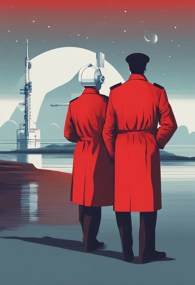 Scientists in science coats turn their backs to us，looking at the stars，hard core，Technologie，Red monochrome,USSR Poster,urss,Communism
