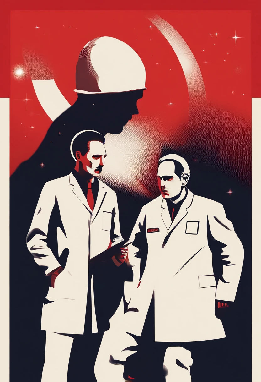 Scientists in science coats turn their backs to us，looking at the stars，hard core，Technologie，Red monochrome,USSR Poster,urss,Communism