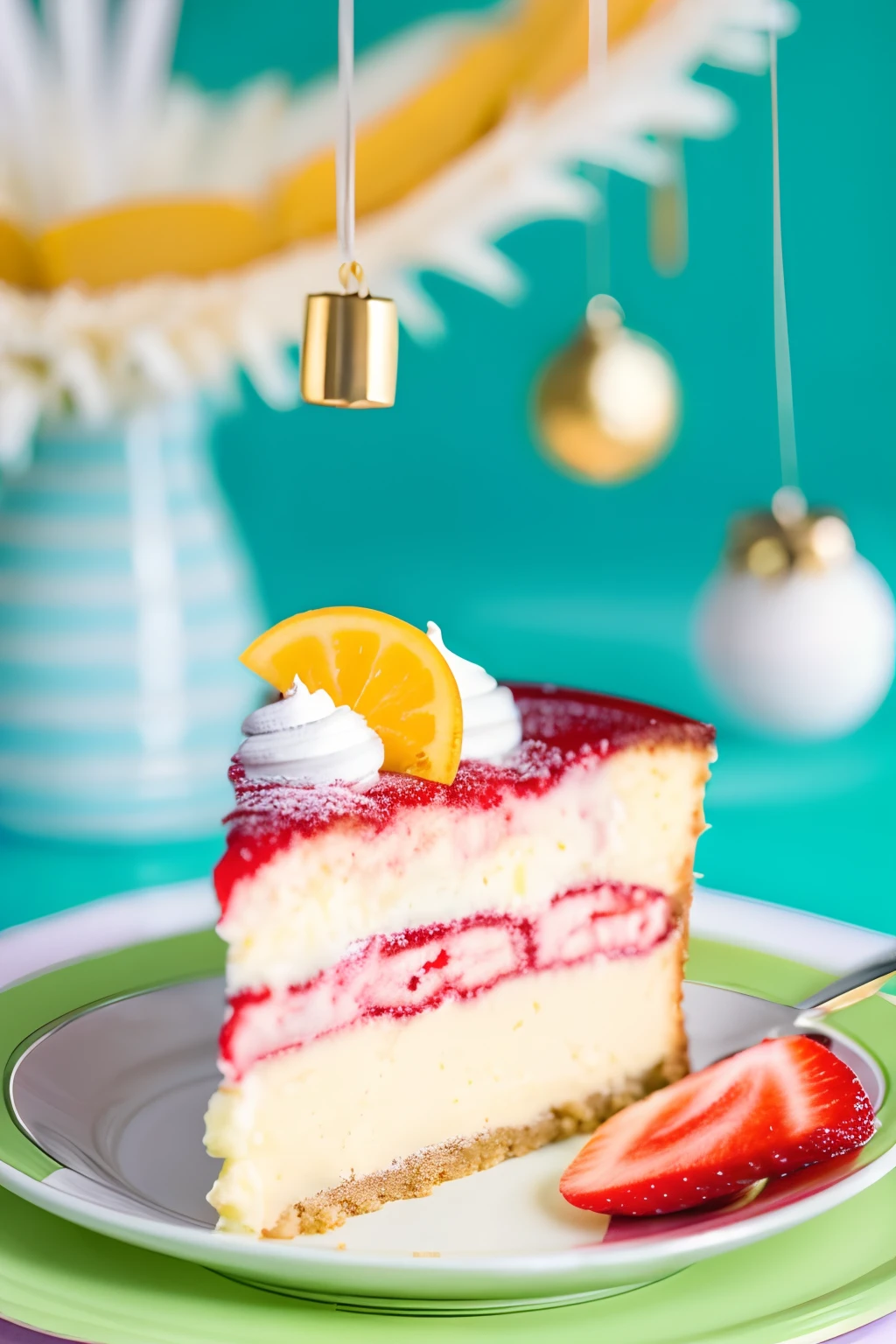 Delicious Cheese Cake, vibrant color, studio photography, ornament, creamy, pastel color, slice of cake