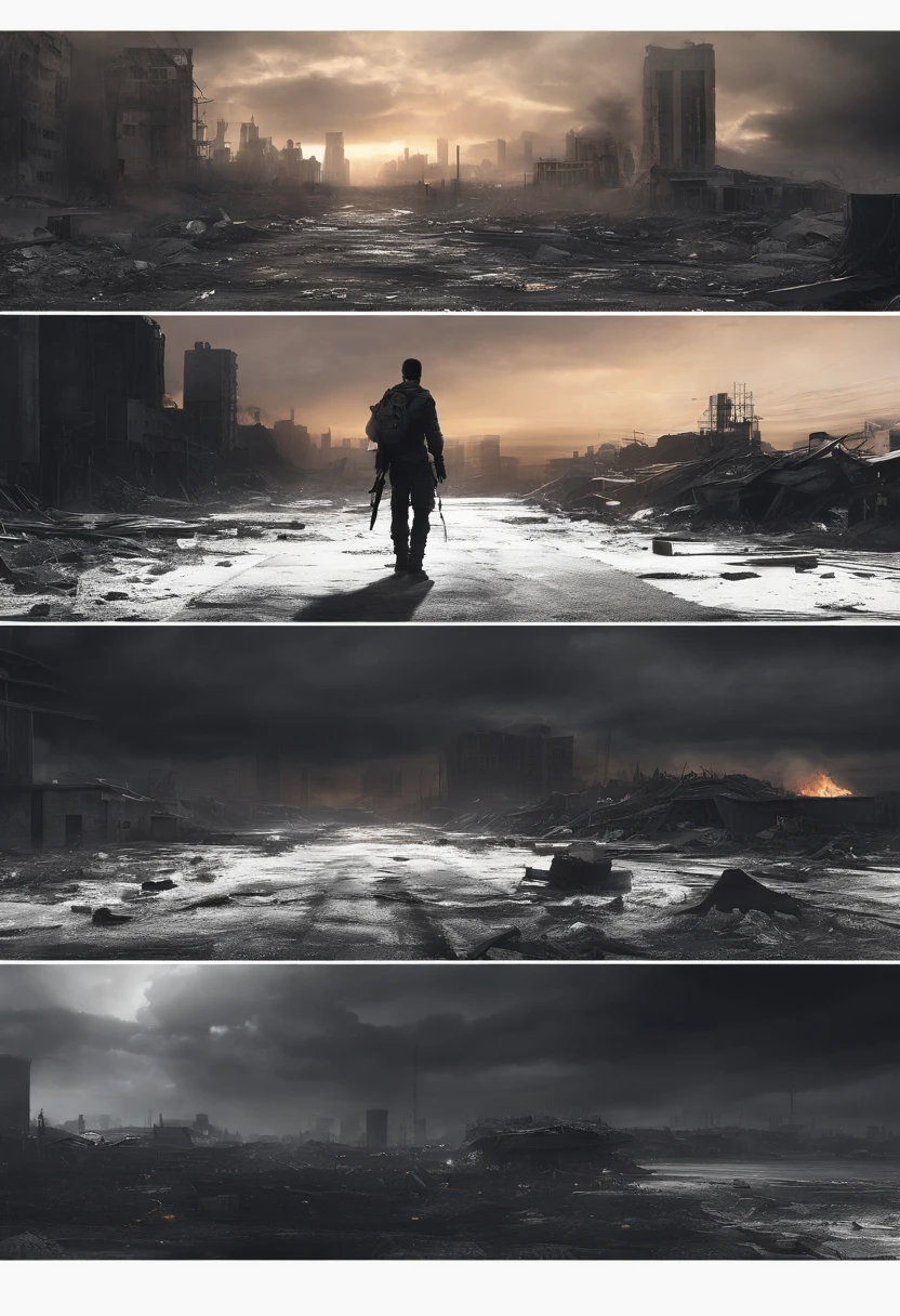 black screen , black  clouds, black sky,4k,real,The once prosperous gaza is now in ruins, The tall buildings were engulfed in flames ，The streets are littered with car wreckage, As well as rubble from collapsed buildings , city destruction, sad kid, one boy, boy , homeless boy ,sad , real engine