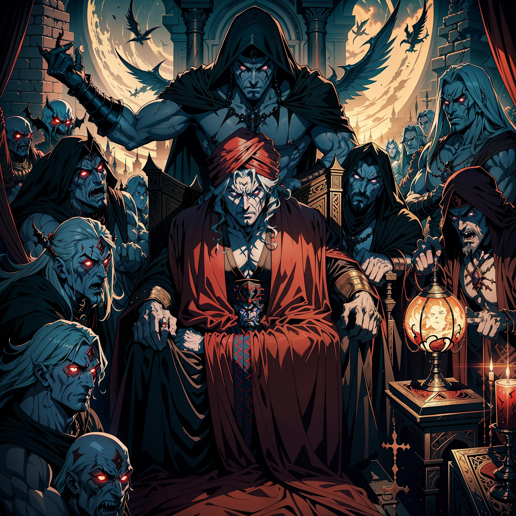 Castlevania Hyper Realistic Shadow Lord Super Detailed Dynamic Shot Master Piece of Lord Dracula Medieval Arab Warrior with Red Turban Scary Face Hokuto No Ken Structure Muscular Face Kenshiro sitting in his legendary Moroccan throne surrounded by demons and 3 scary demons Speaking of old reels Cinematic Scenes Epic Movie Hyper Realistic Movie Legendary Movie Epic Movie Epic Movie Epic Movie Epic Movie Enlarged Movie 3D View Bottom Angle