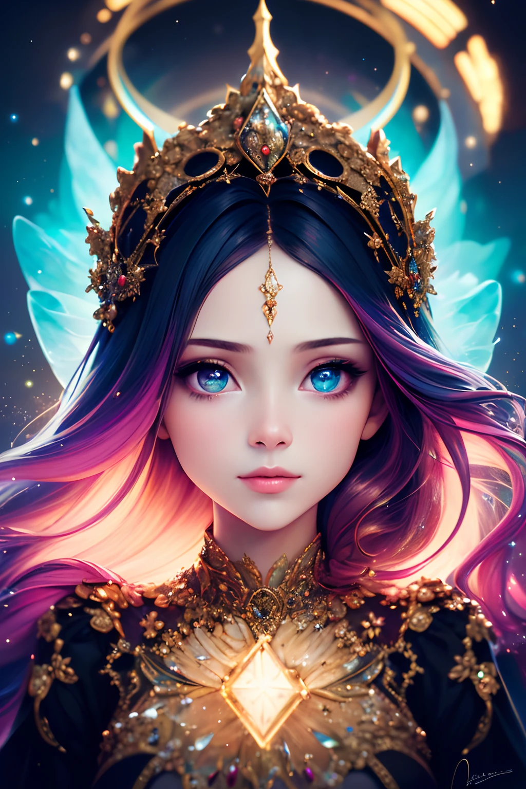 Best Quality, Realistic, Portrait, 1girl in, celestial, Deities, Goddess, light Particle, Halo, Looking at Viewer, (bio luminescent:0.95) loimu, bio luminescent, Vibrant, Colorful, Color, (Glow, Glow), (Beautiful composition), Cinematic lights, Convoluted, (symmetry: 0.5), capricious, alien planet, Sheer shirt,