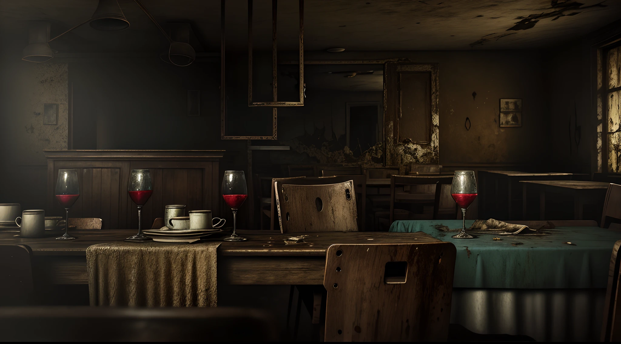 Best quality,4K,8K,A high resolution,Masterpiece:1.2,Ultra-detailed,Realistic:1.37,Dark,Abandoned restaurant,dusty atmosphere,Cracked walls,Broken windows,Desolate,Lonely,Empty table,Empty chairs,forget,Creepy,Tangled cobwebs,Shabby ceilings,Vintage curtains,Dark corners,Decaying furniture,mysterious,eerie,haunting,Ghostly,Lonely figure sitting in the corner,Moody lighting,Gloomy,Spooky,Weathered flooring,Strange sounds,Cutlery mismatch,Signs of decay and neglect,Dyed tablecloths,vintage decor,peeling wallpaper,Dirty plates,The paint peels off the walls.