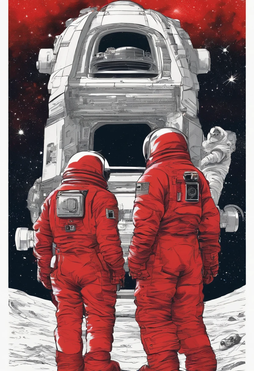 Scientists in science coats turn their backs to us，looking at the stars，hard core，Technologie，Red monochrome,USSR Poster,urss,Communism