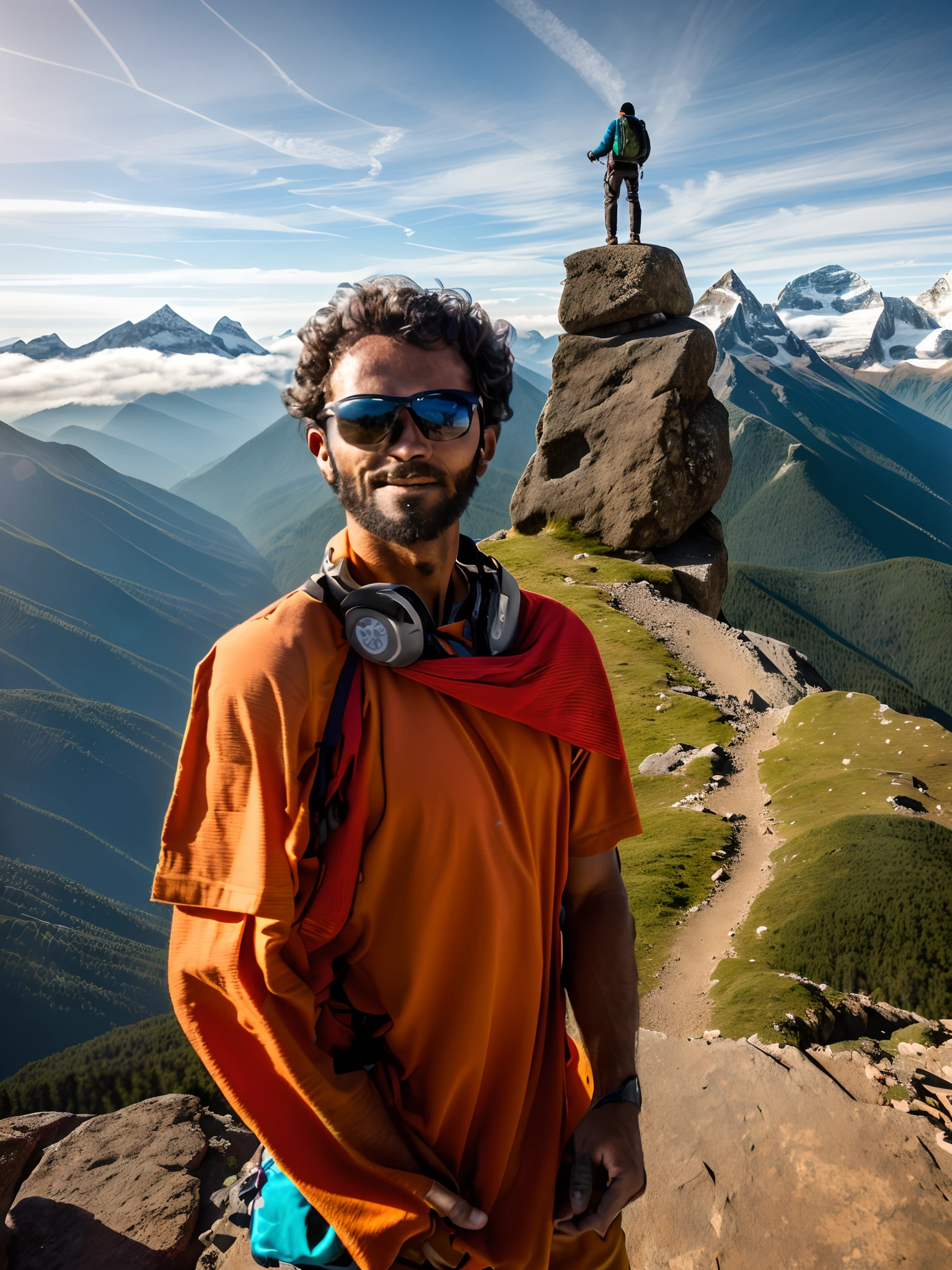 There is a man standing on a rock at the top of the monhanta with a mountain in the background,