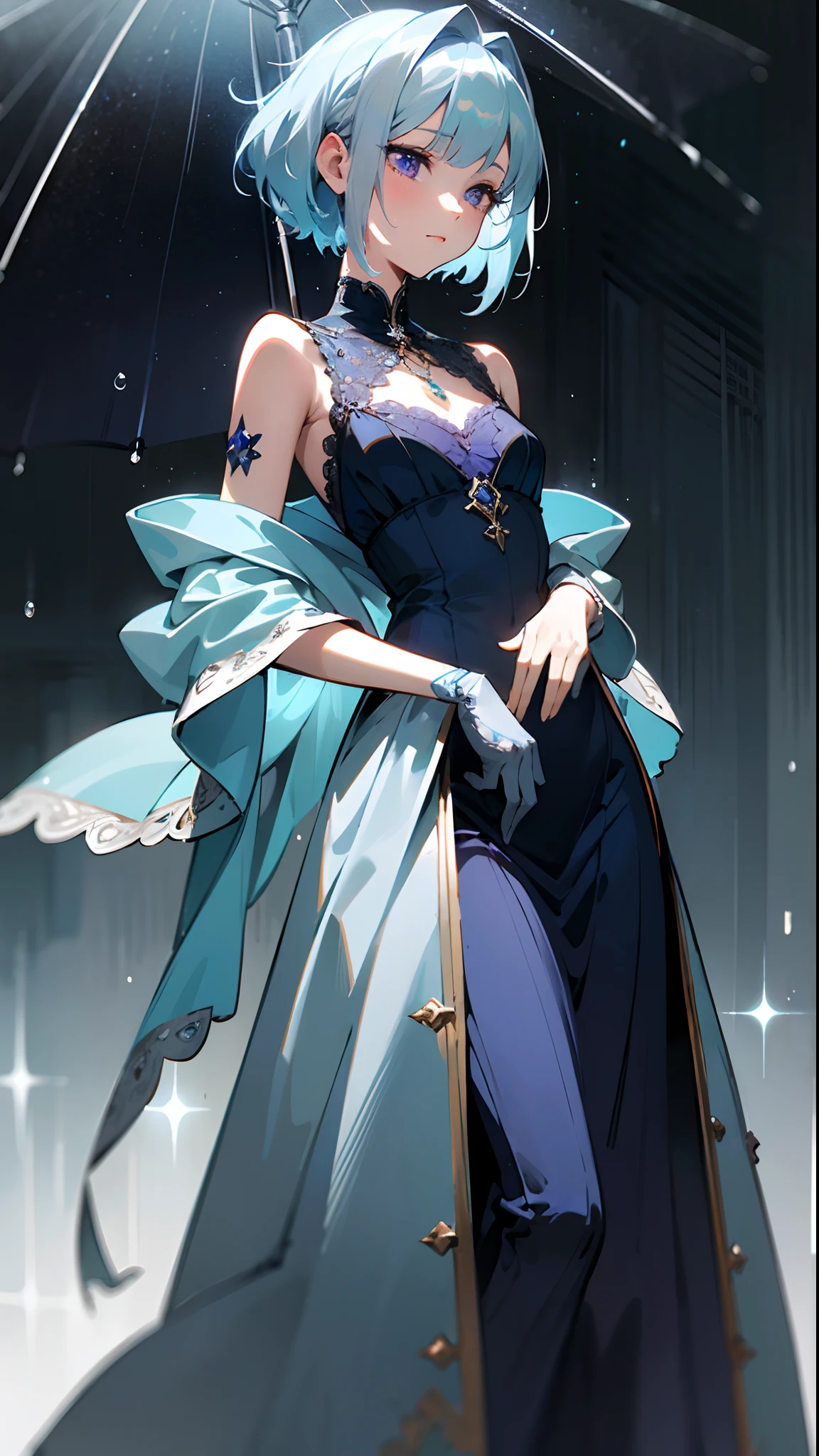 (masterpiece, best quality )detailed, 1Character , pastel washed out colors , cell shade , soft, muted shades ,gentle colors , She wears a long, flowing coat made of midnight blue silk that shimmers like raindrops in the moonlight, The coat is adorned with subtle, silver embroidery resembling raindrops and wispy clouds, Underneath, Raina dons a form-fitting, sleeveless, and floor-length gown in a deep shade of indigo, The gown features intricate lace details that resemble glistening rain patterns, Her elbow-length gloves are made of a sheer, silky material and are adorned with delicate raindrop-shaped gems, A silver pendant necklace with a raindrop-shaped sapphire dangles gracefully from her neck,
Beautiful woman , skinny build , short bob hair style , light blue hair , purple eyes , light skin,small chest , short , age 30
