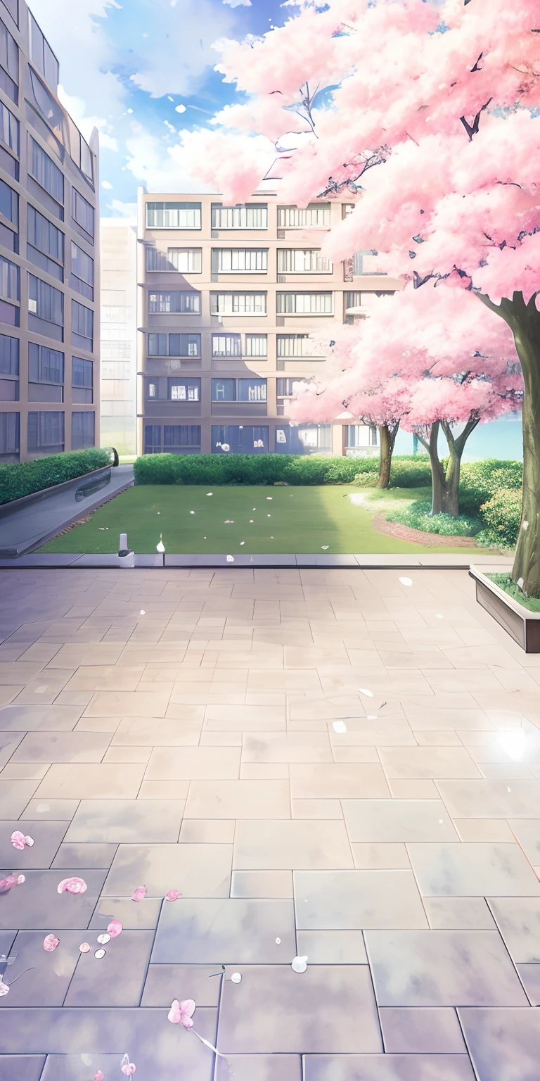 Anime landscape with courtyard with trees and buildings, Anime background art, anime backgrounds, beautiful anime scenery, anime beautiful peace scene, Anime landscapes, beautiful anime scenes, Anime landscape concept art, landscape artwork, in a scenic background, sakura season dynamic lighting, anime movie backgrounds, Realistic background, colorful anime movie background, realistic scene