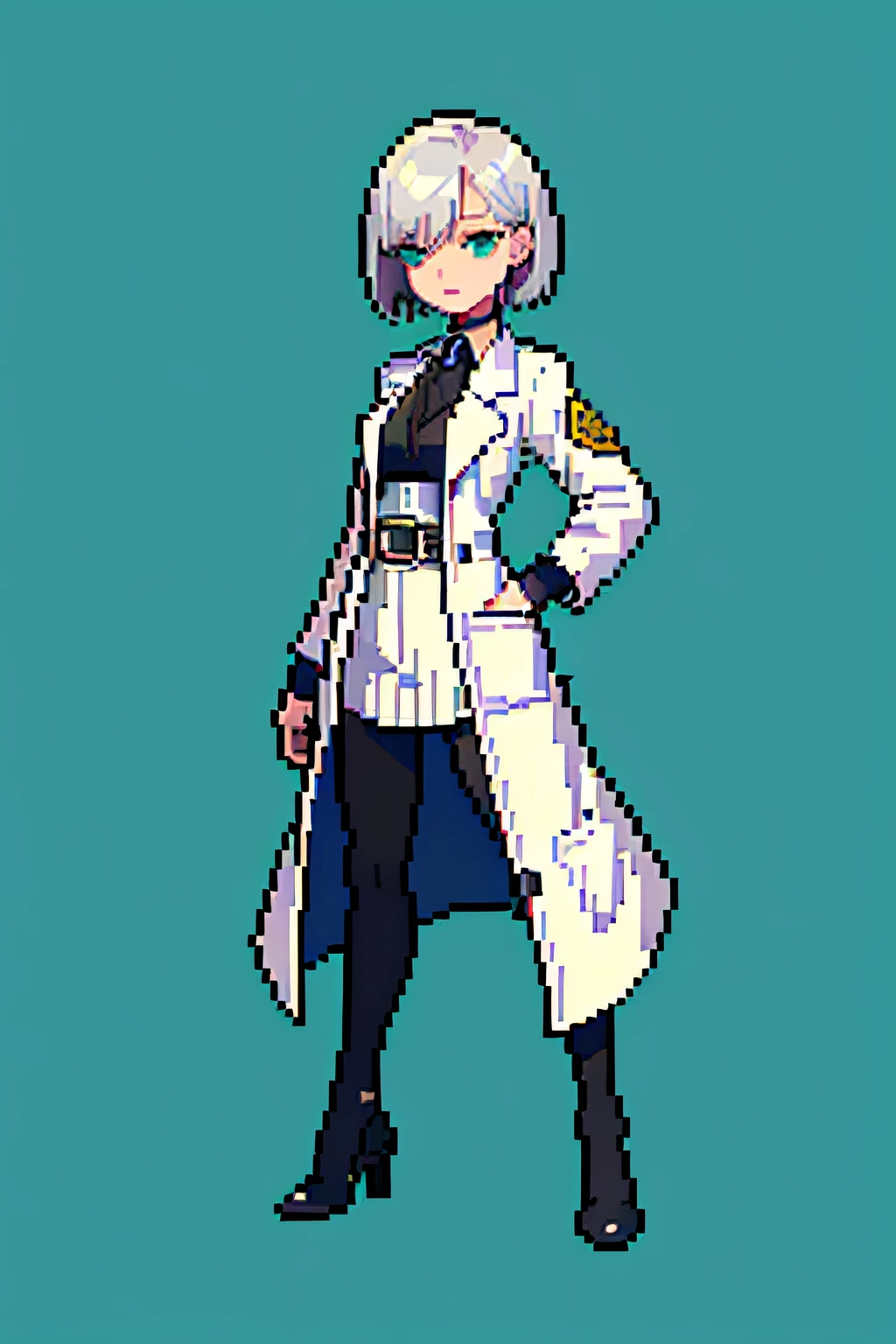 (masterpiece, top quality, best quality, less detail, 8-bit color), pixel,pixel art, lab coat,full body, attack pose, US style, poor jacket, game asset, silver hair, bra on top, short pant, centered on the face, intricate eyes, green background