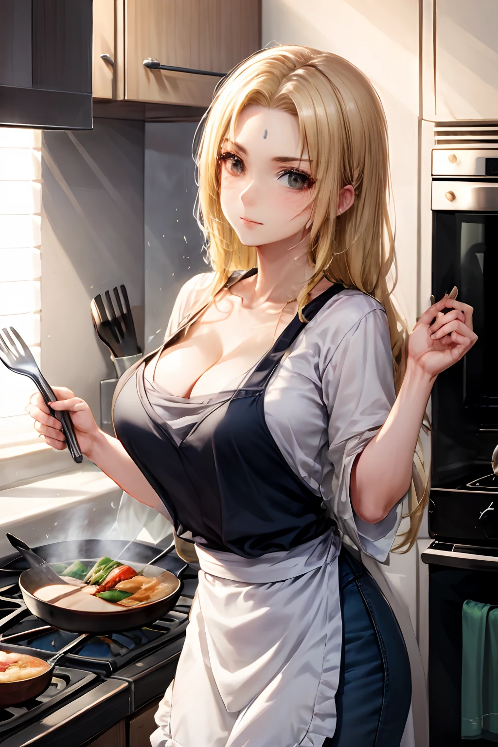 1tsunade lady, (cooking), blonde hair, long hair, kitchen, casual clothes, apron, leaning forward, blush, cleavage, masterpiece, best quality