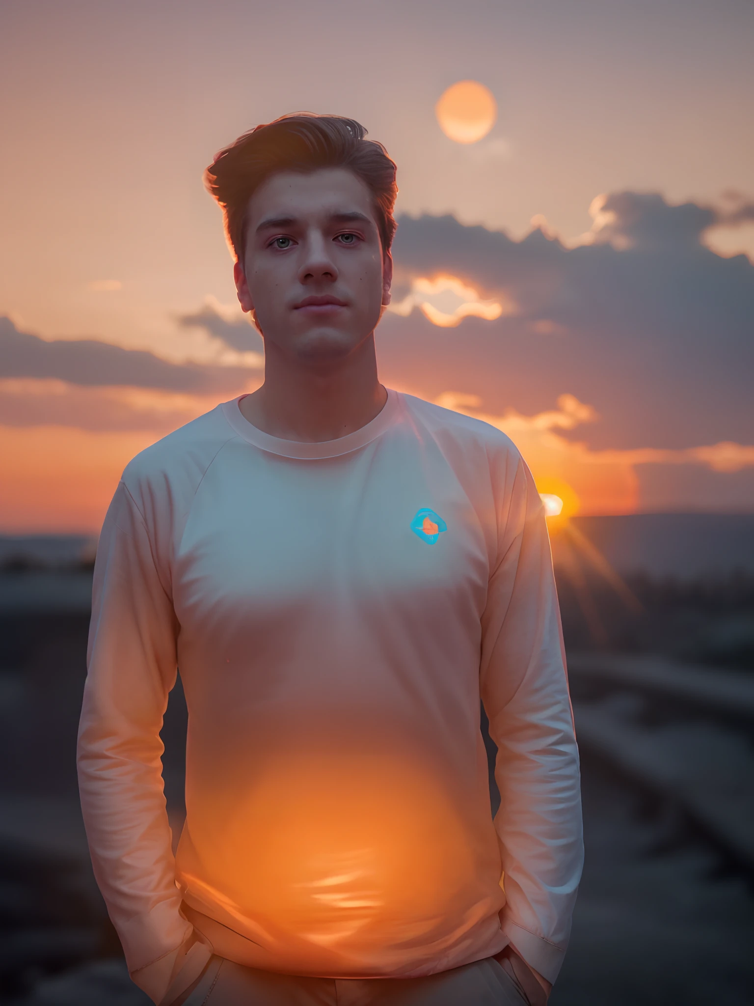 sunset, sun light, neon, smart boy, realistic face, 8k,ultra realistic
