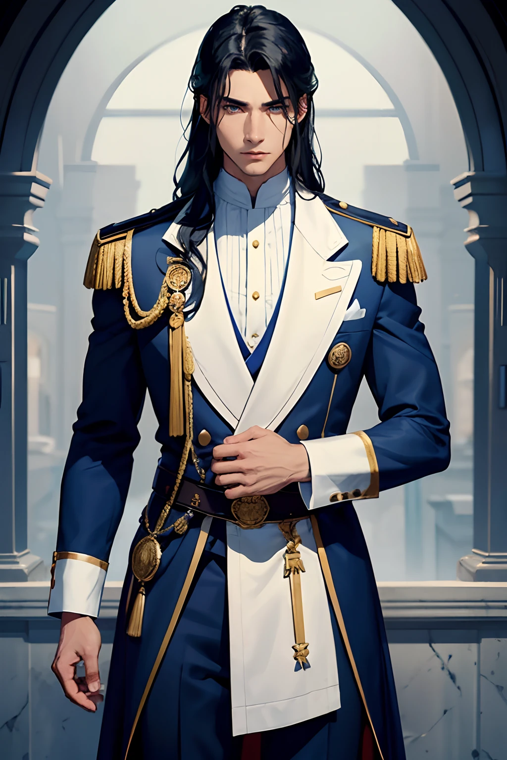 man from the 12th century, in his mid-20s with a strong and commanding presence. He has jet-black hair that falls just below his shoulders, framing his face. His most striking feature is his steel gray eyes, which seem to hold both intensity and indifference. He is always impeccably dressed in fine garments befitting his high status. He has a strong jawline and well toned body.
He wears royal blue, and white clothes with gold accents.