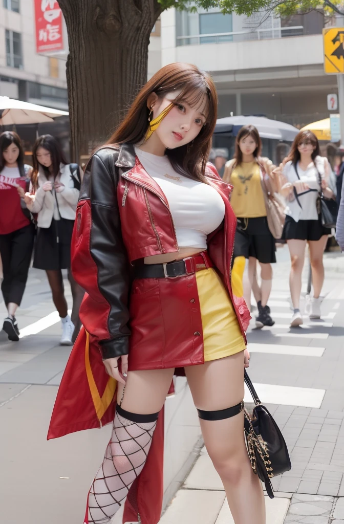 infp young woman、Good Style、、a miniskirt、Red and yellow fashion、Idol face、large full breasts、、True