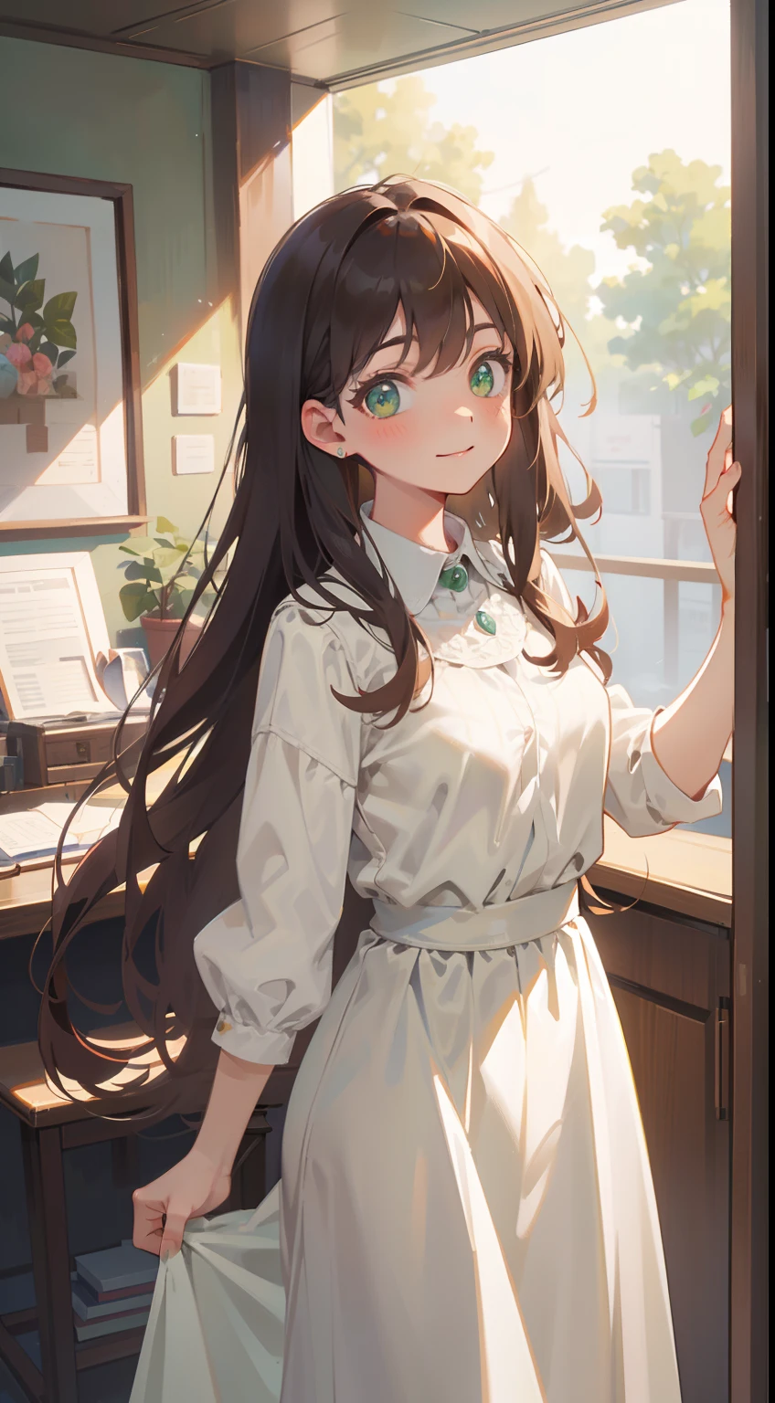 (masterpiece), (best quality), ultra high res, warm pastel tone, upper body, (from ground), ((1 mature woman, solo)), very stunning and gorgeous mature woman, beautiful detailed hair, chestnut brown hair, smooth long hair, beautiful detailed face, perfect beautiful face, (perfect beautiful eyes, green eyes), look at the viewer, flat expression face, smile, feminine white outfit, is standing in the study room
