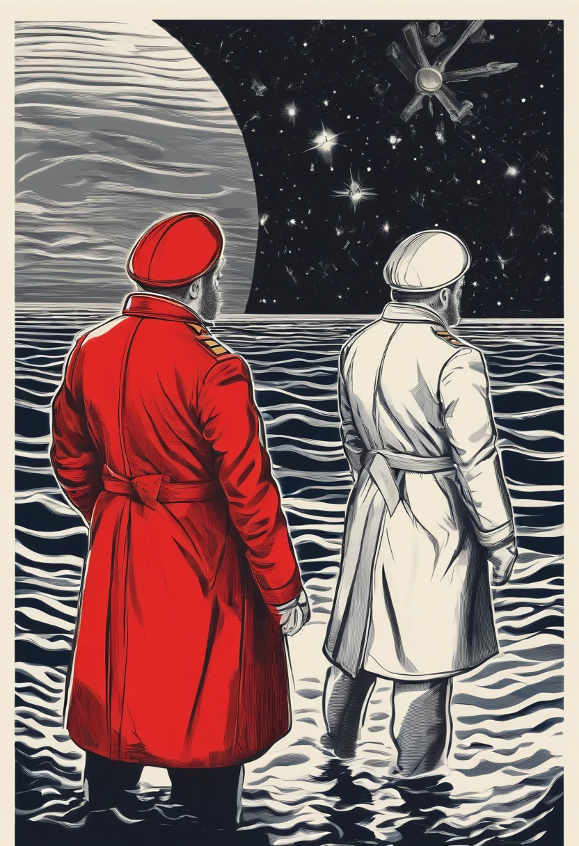 Scientists in science coats turn their backs to us,looking at the stars,hard core,Technologie,Red monochrome,USSR Poster,urss,Communism