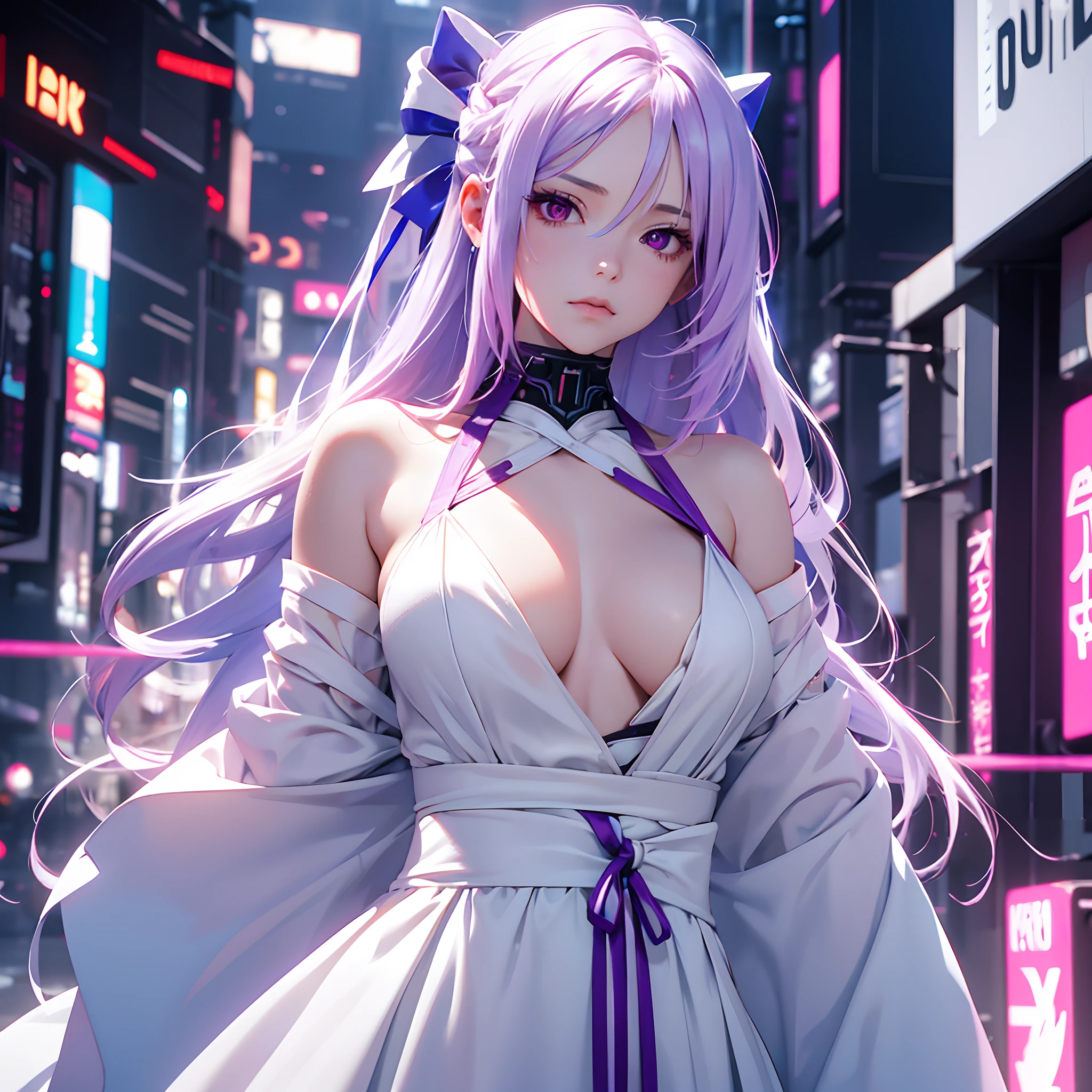 1girl,Albino, cute breast, purple hair, beautiful, long hair,red eyes, wearing a white and blue dress, hair with a ribbon, cyberpunk,cyborng((8k, UHD, ultra realistic))